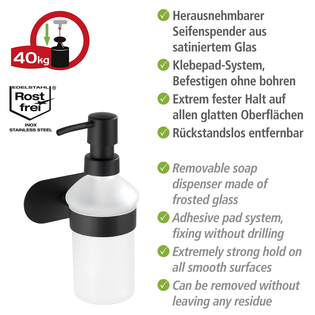 Wenko  Turbo-Loc Edelstahl Seifenspender Orea Black Matt Flüssigseifen-Spender Befestigen ohne bohren ca 200 ml Bild 3