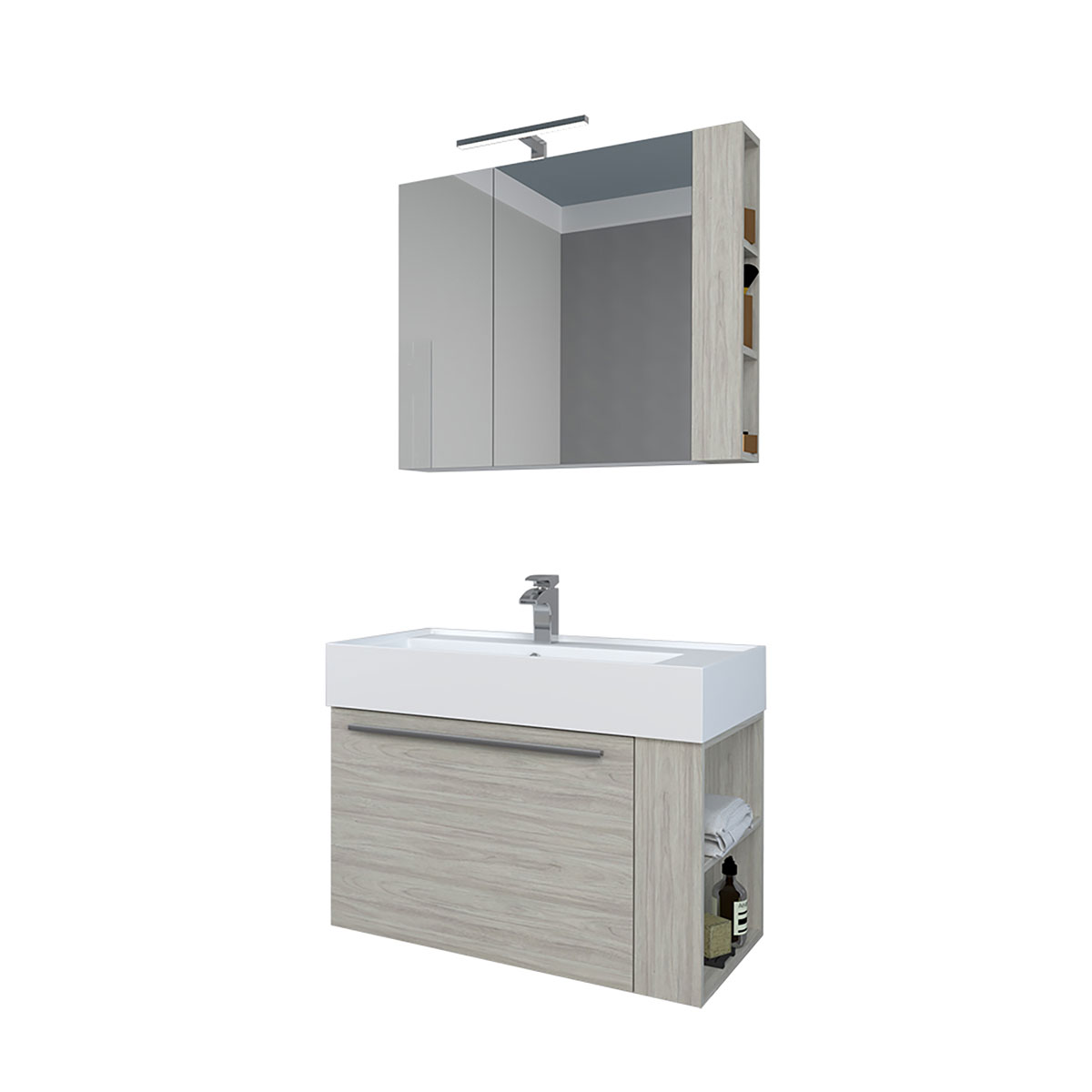 Progetto Idea Stella Badmöbel DOMUS 80 Ulme creme mit Spiegelschrank und Lampe