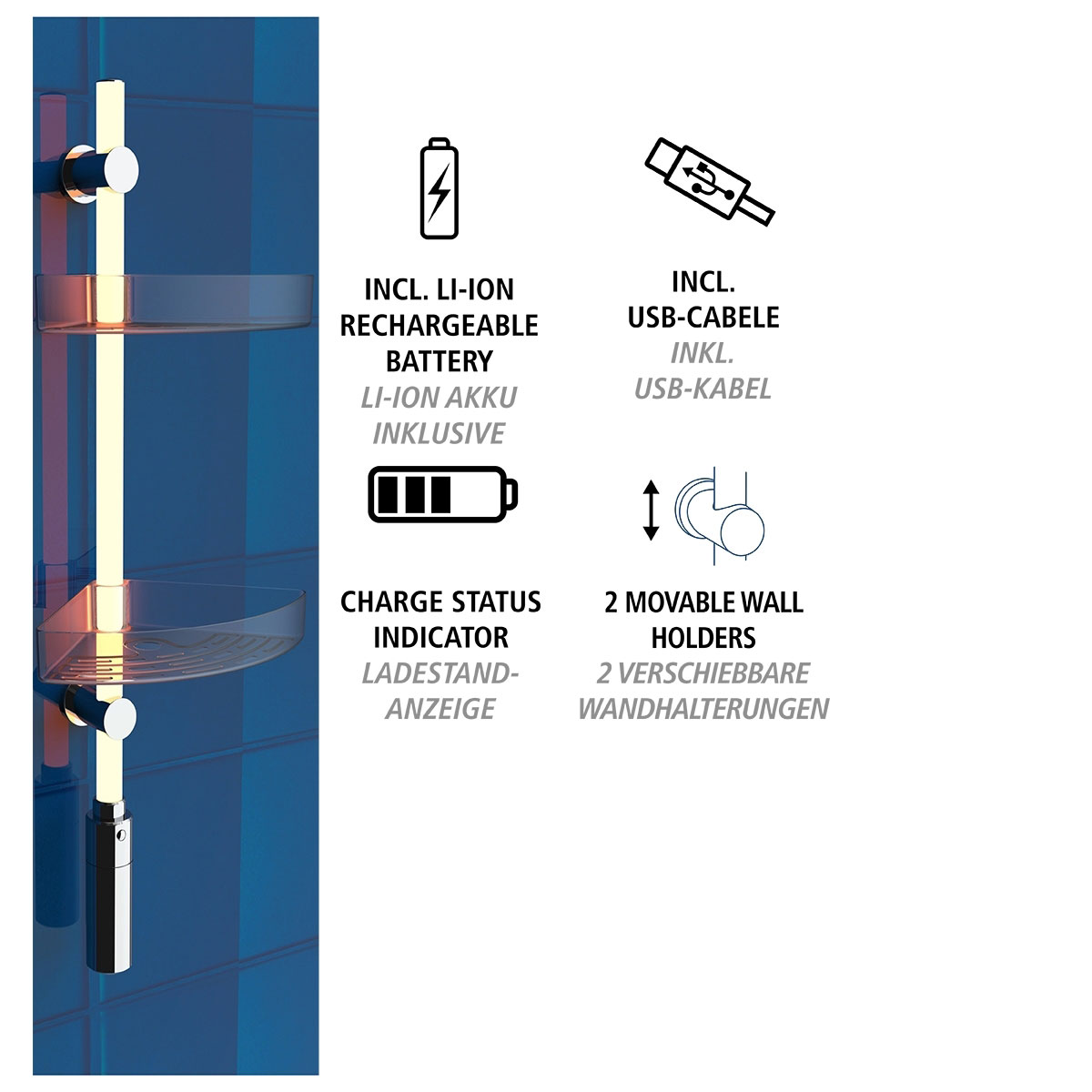 Wenko  LED Duscheckregal 74 cm LED-Duschstange mit Bewegungsmelder und 2 Ablagen Bild 5