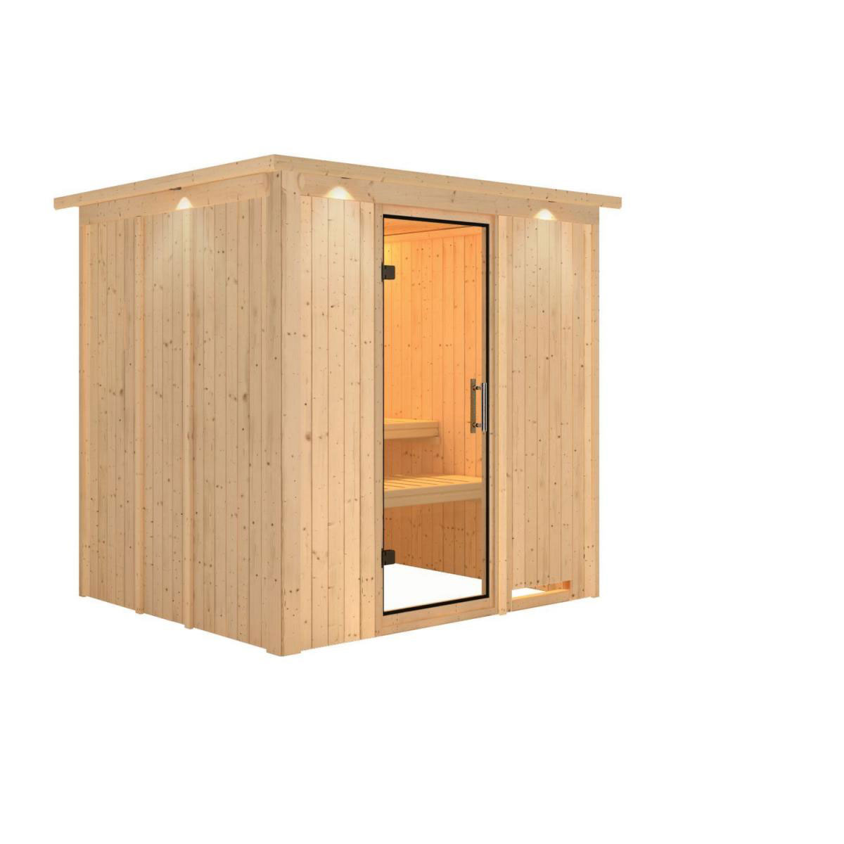 Karibu Sauna Sodin Fronteinstieg ohne Ofen mit Kranz Klarglas-Tür Bild 1