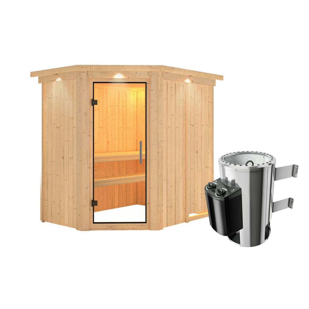 Karibu Sauna Saja Eckeinstieg 3,6 kW Ofen integr Strg mit Kranz Klarglas-Tür Bild 2