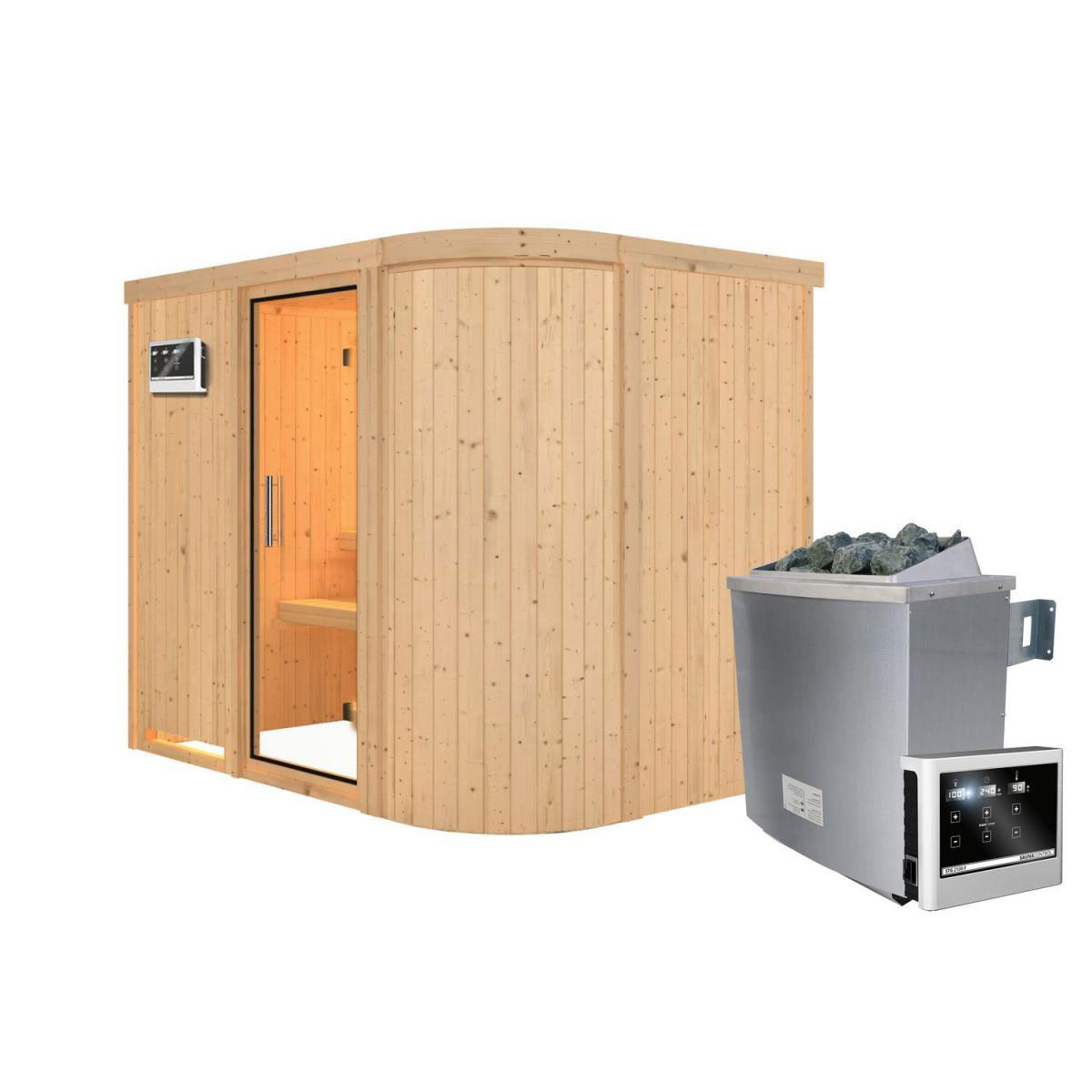 Karibu Sauna Titania 4 Fronteinstieg 9 kW Ofen externe Strg kein Kranz Klarglas-Tür Bild 1