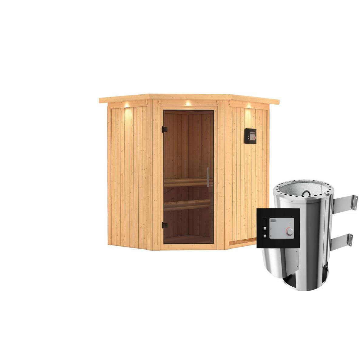 Karibu Sauna Tonja Eckeinstieg 3,6 kW Ofen externe Strg modern mit Kranz graphitfarbene Glastür Bild 1