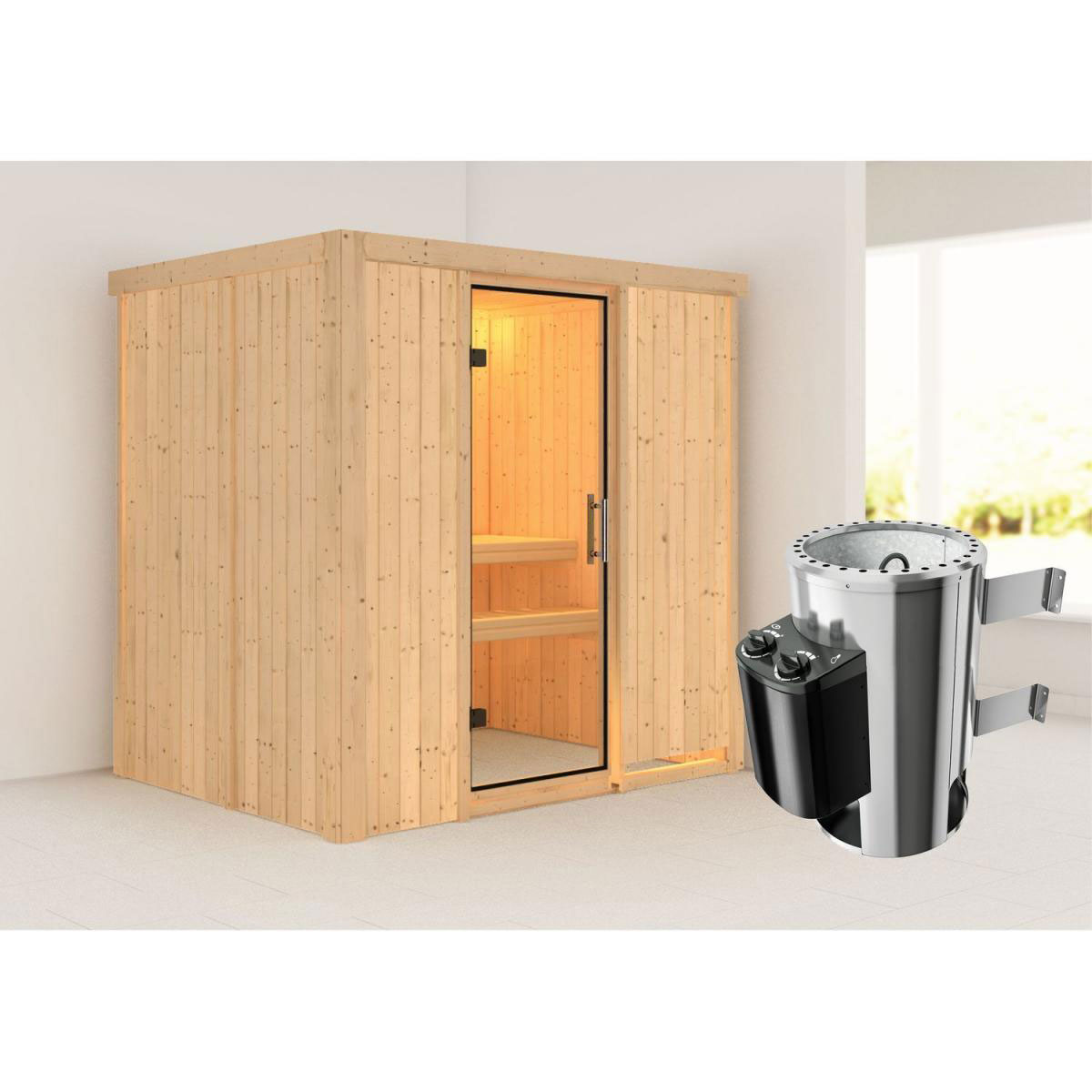 Karibu Sauna Fanja Fronteinstieg 3,6 kW Ofen integr Strg kein Kranz Klarglas-Tür Bild 5