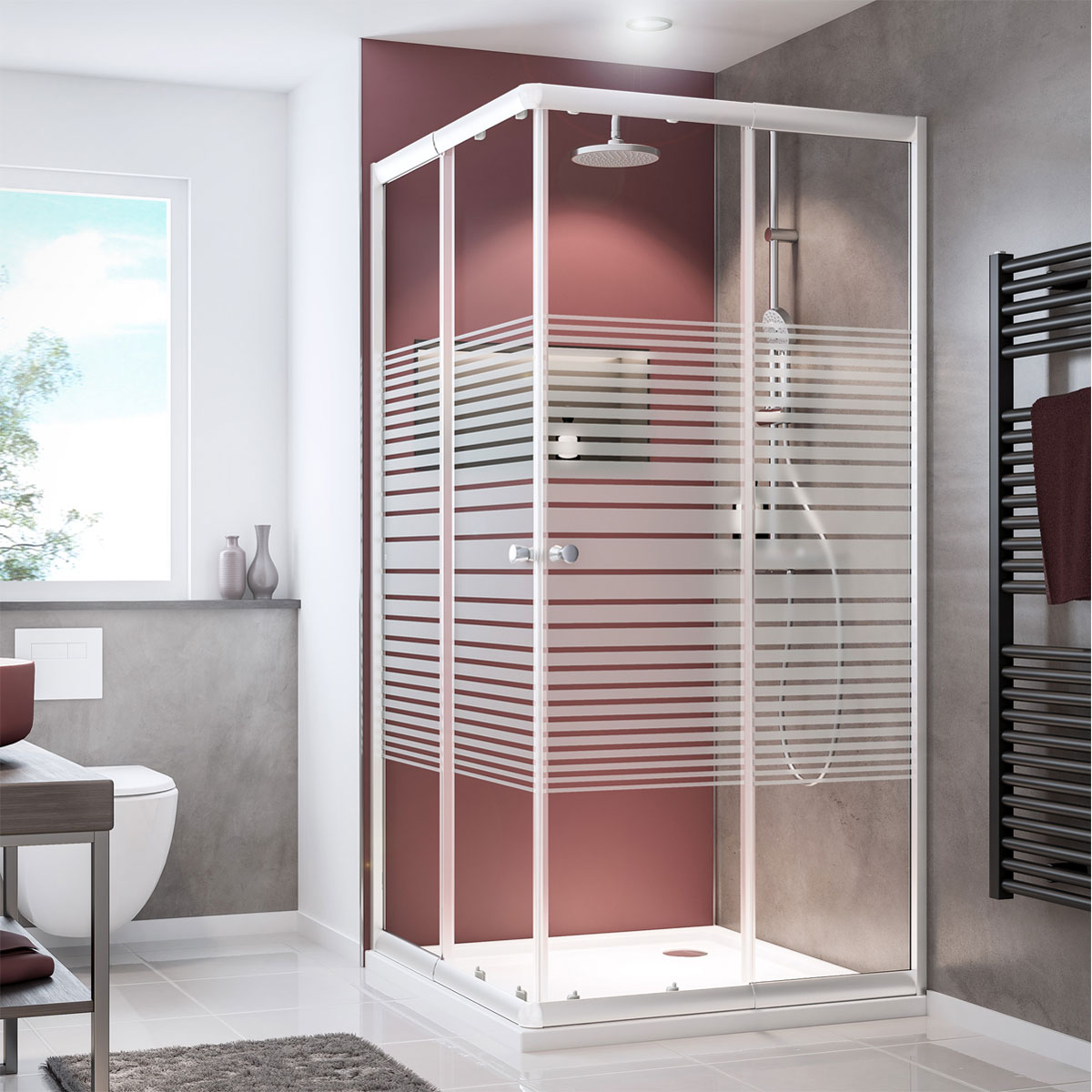 Breuer  QUICK72 Malta Eckeinstieg Schiebetüren Alu silber matt Streifendekor 900-900 mm Bild 1