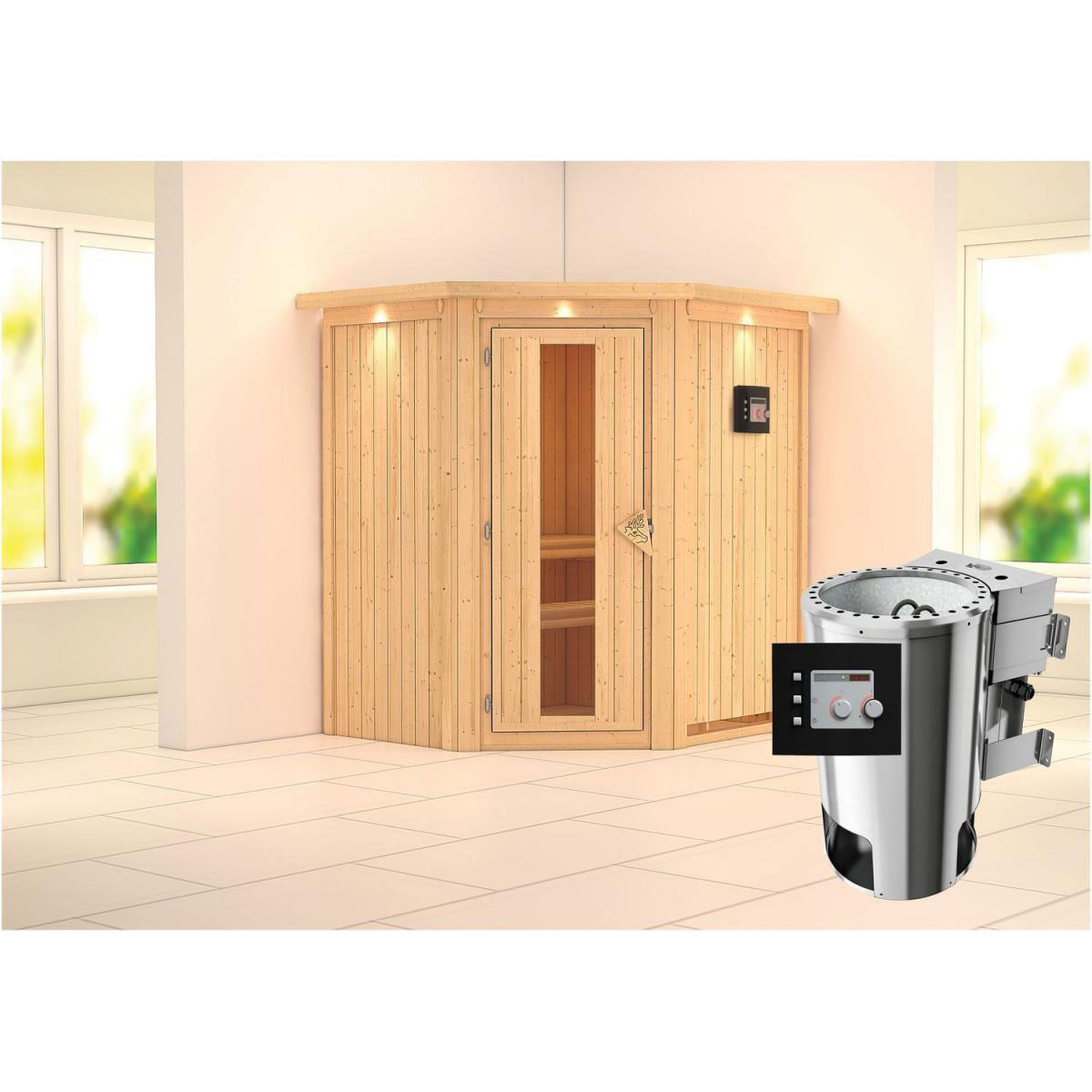 Karibu Sauna Tonja Eckeinstieg 3,6 kW Bio Ofen externe Strg modern mit Kranz Energiespartür Bild 7