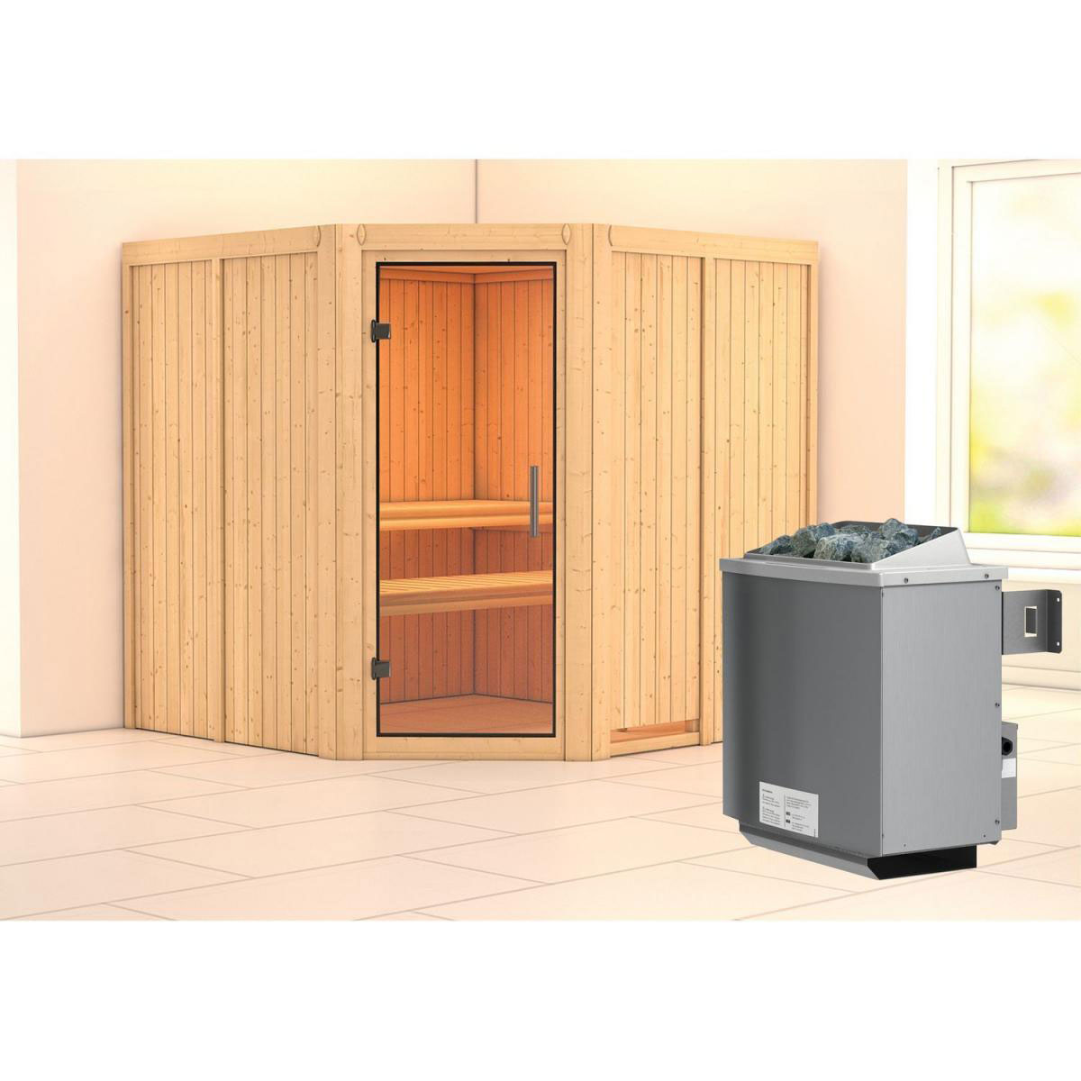 Karibu Sauna Jarin Eckeinstieg 9 kW Ofen integr Strg kein Kranz Klarglas-Tür Bild 5