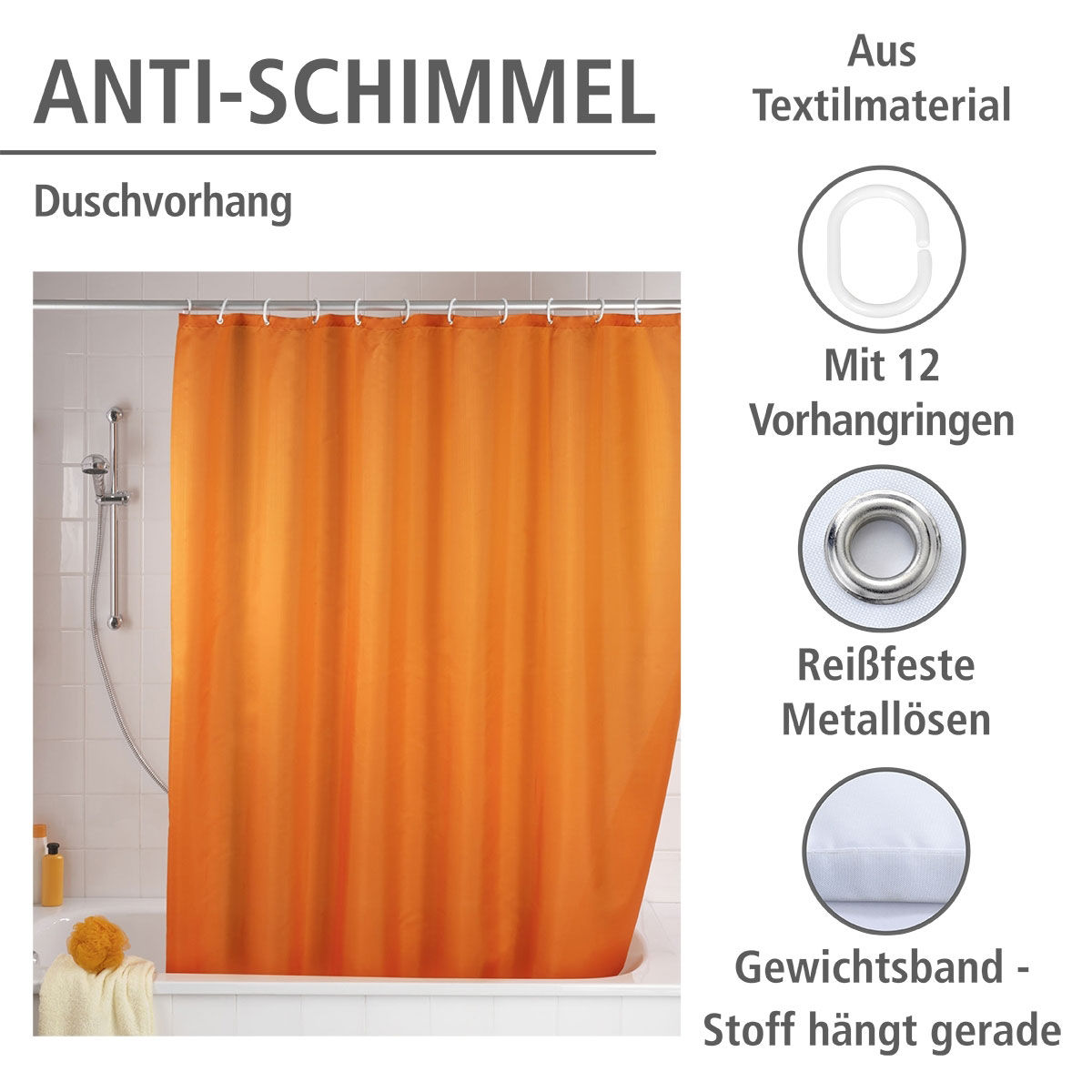 Wenko  Anti-Schimmel Duschvorhang Uni Orange Textil Polyester 180 x 200 cm waschbar Bild 2