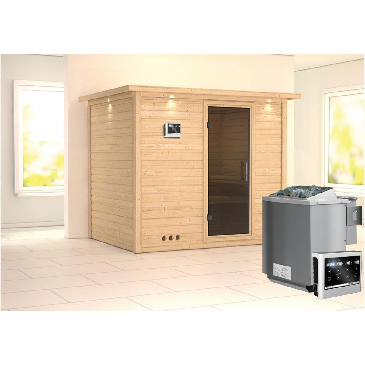 Karibu Sauna Sonara Fronteinstieg 9 kW Ofen Bio externe Strg Tür graphit mit Kranz Bild 1