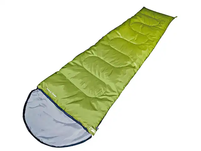 Ein offener grüner Schlafsack.