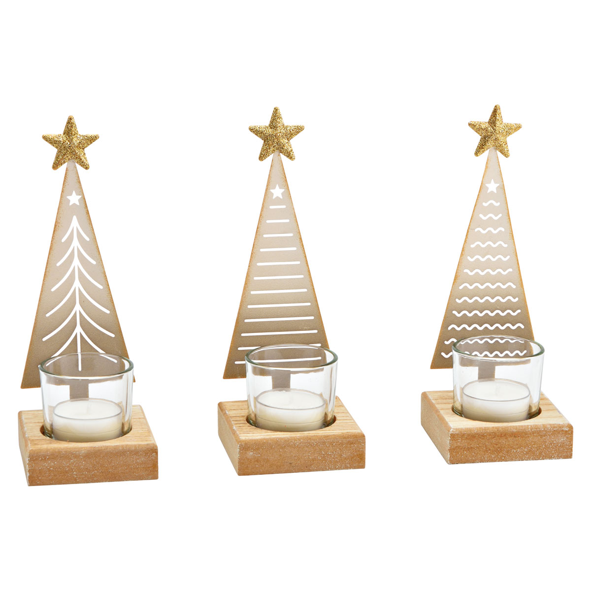 Windlicht Tannenbaum aus Metall Holz Glas champagner 3-fach 7 x 18 x  7 cm