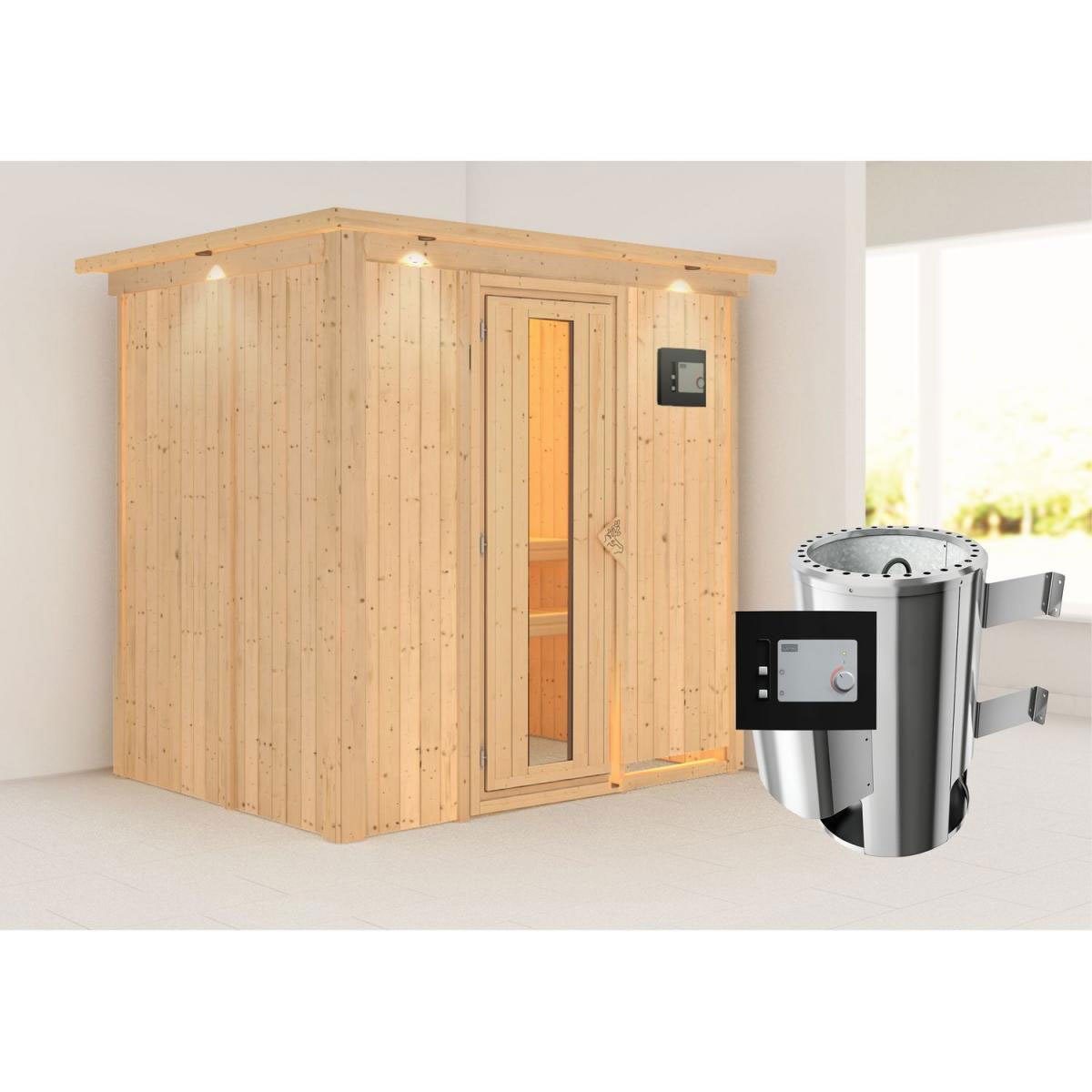 Karibu Sauna Fanja Fronteinstieg 3,6 kW Ofen externe Strg mit Kranz Energiespartür Bild 7