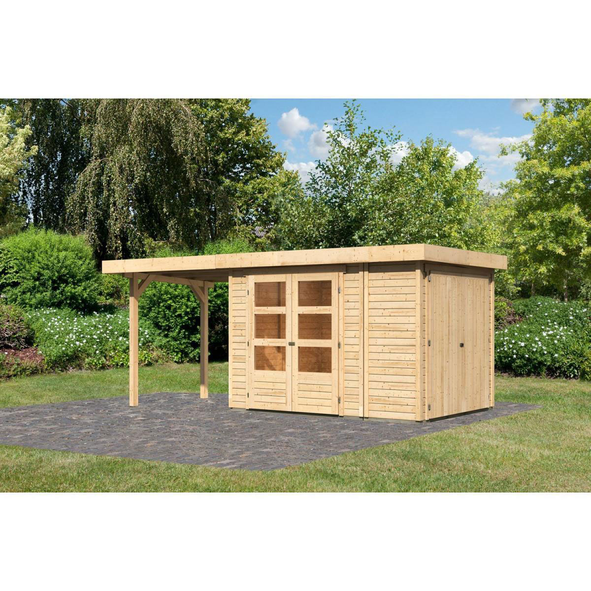 Karibu Gartenhaus Retola 2 inkl Anbauschrank und Anbaudach 2,40 Meter naturbelassen