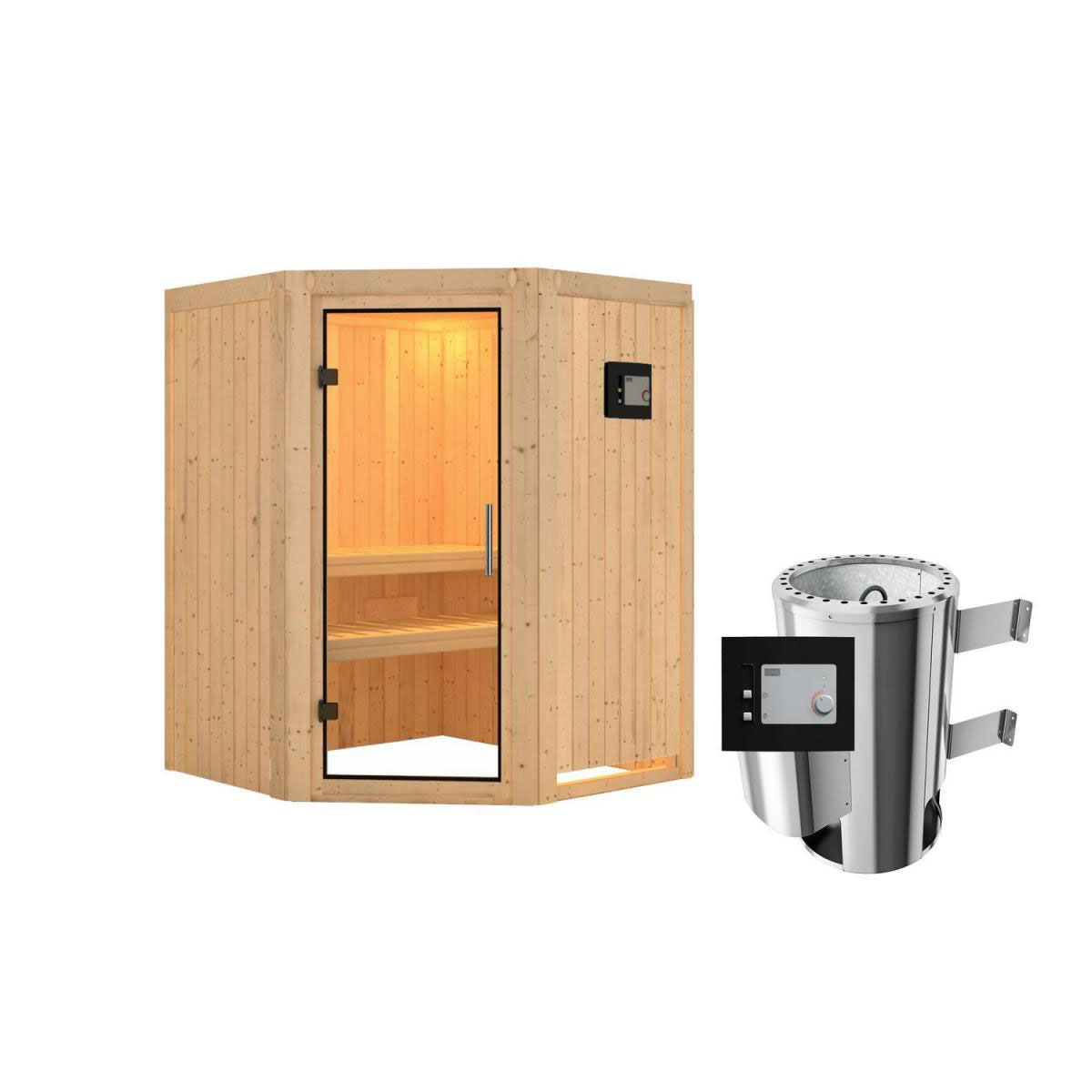 Karibu Sauna Nanja Eckeinstieg 3,6 kW Ofen externe Strg kein Kranz Klarglas-Tür Bild 1