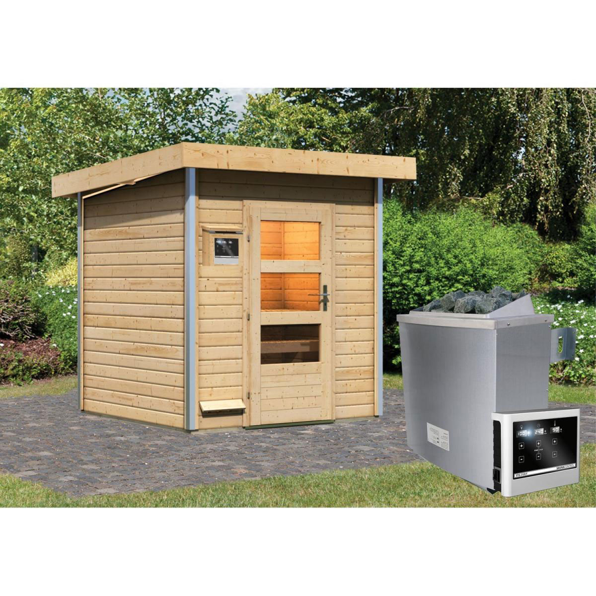 Karibu Saunahaus Torge 38 mm 9 kW Ofen externe Strg moderne Tür Bild 6