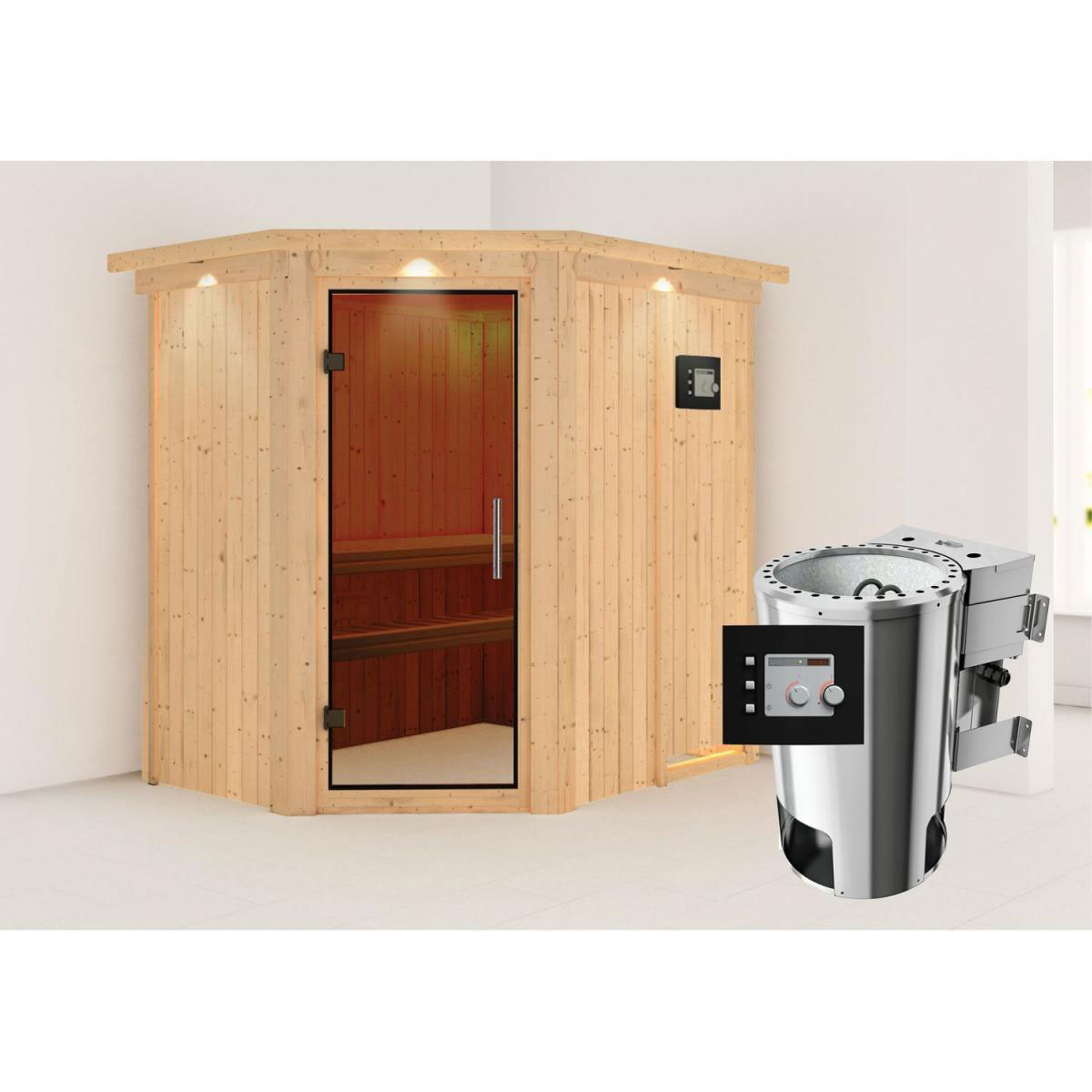 Karibu Sauna Saja Eckeinstieg 3,6 kW Bio Ofen externe Strg modern mit Kranz graphitfarbene Glastür Bild 8