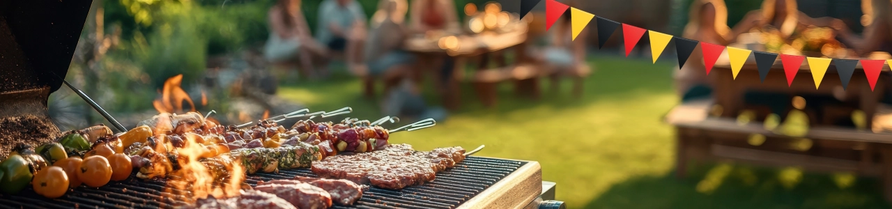 WM Gartenparty mit Fähnchen und Grill in Nahaufnahme
