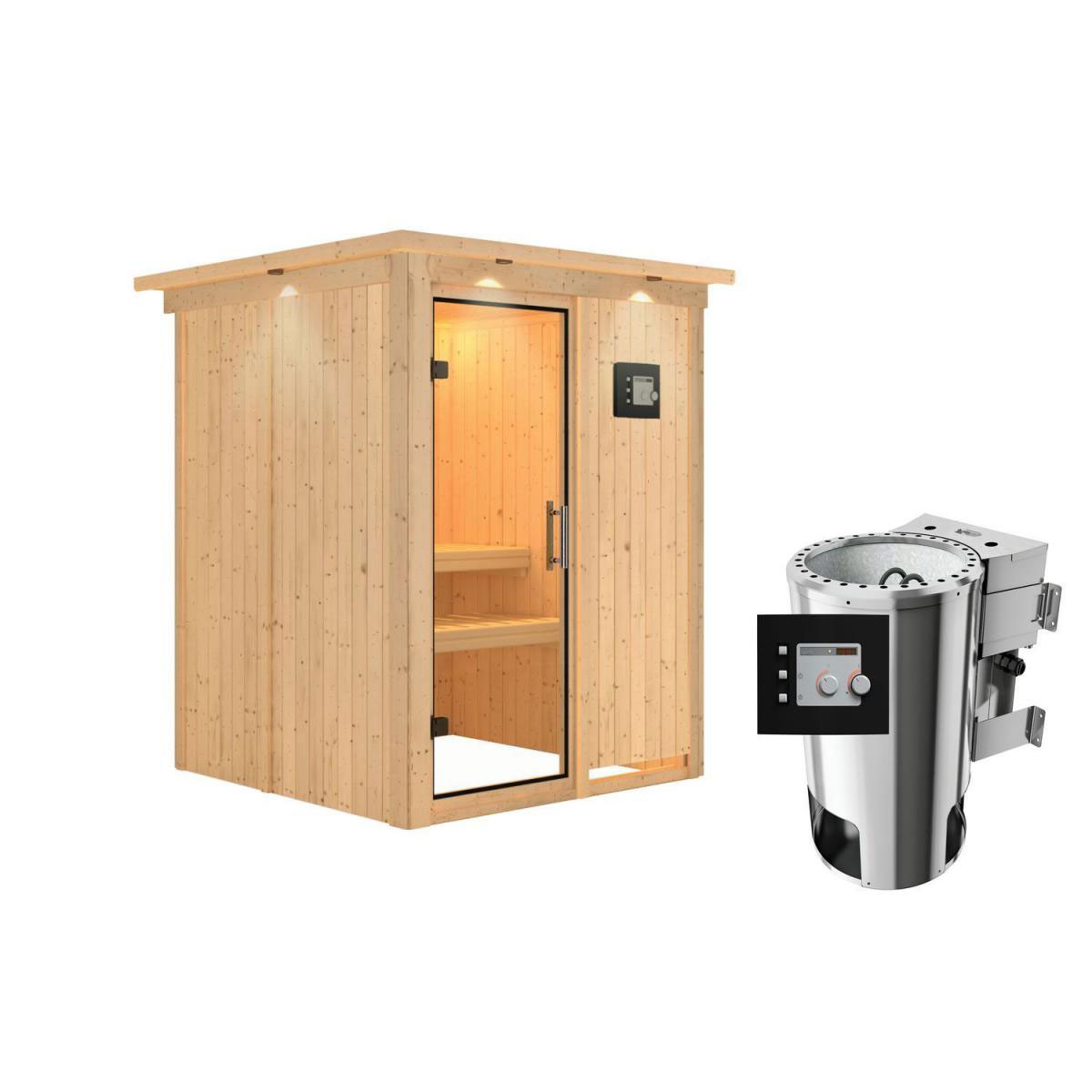 Karibu Sauna Minja Fronteinstieg 3,6 kW Bio Ofen externe Strg modern mit Kranz Klarglas-Tür Bild 1