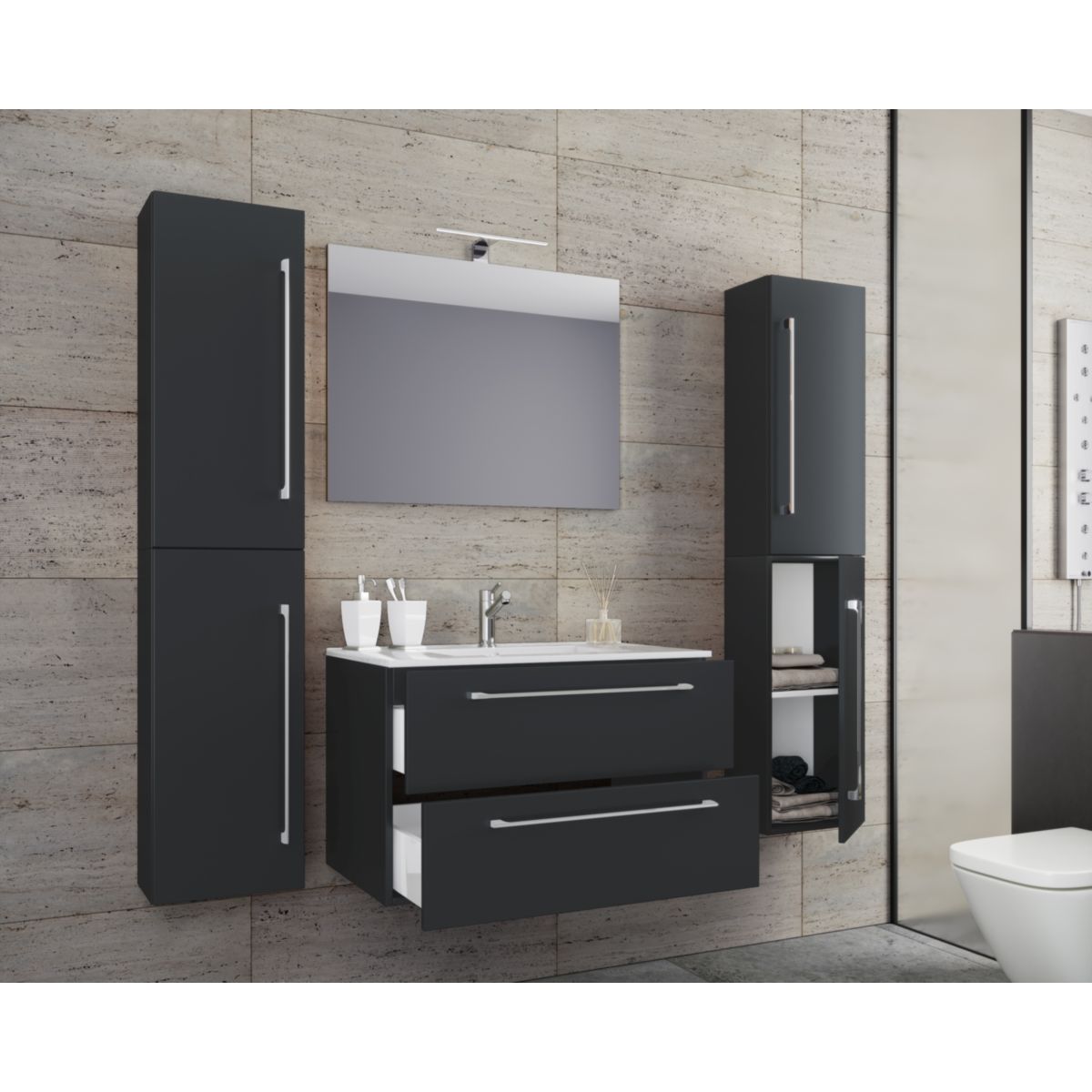 Waschplatz 60 cm 5-teiliges Set 2 Schubfächer mit Spiegel schwarz Bild 3