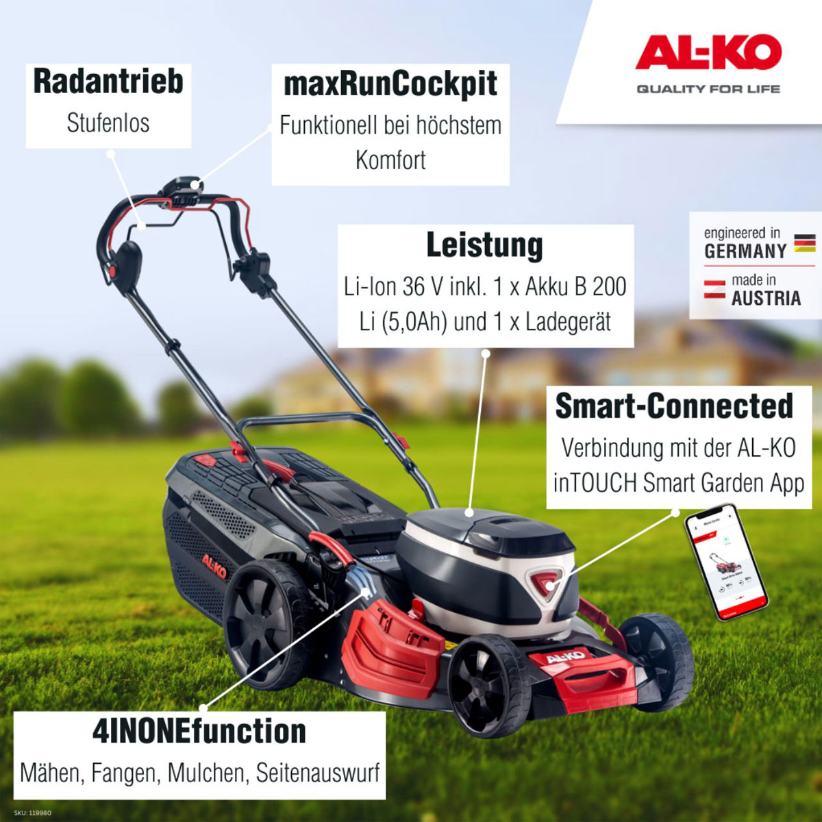 AL-KO  Akku-Rasenmäher 512 36V Li VS-W Premium inkl Akku und Ladegerät Bild 2