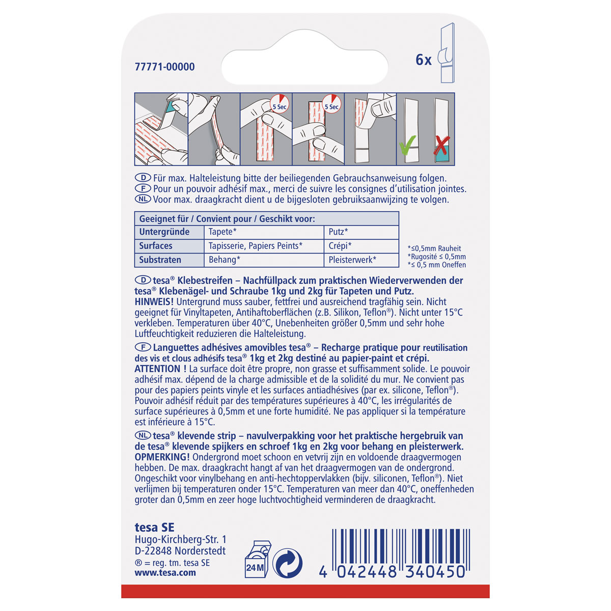 Tesa Klebestreifen für Tapete und Putz 6 Stück Traglast 6 x 1 kg Bild 2
