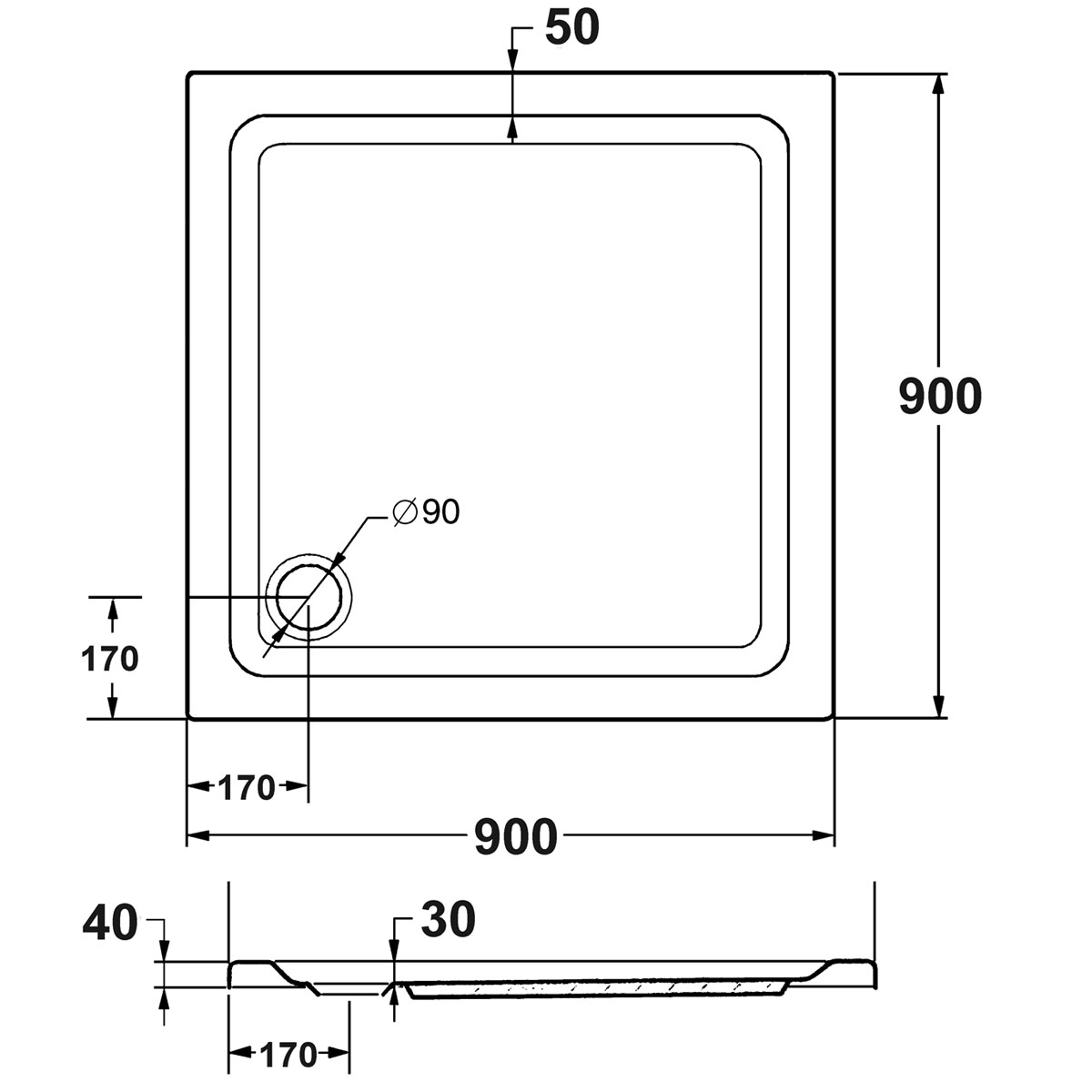 Ottofond Komplettset Duschwanne quadratisch 90 x 90 cm weiß mit Träger und Ablaufgarnitur Bild 3