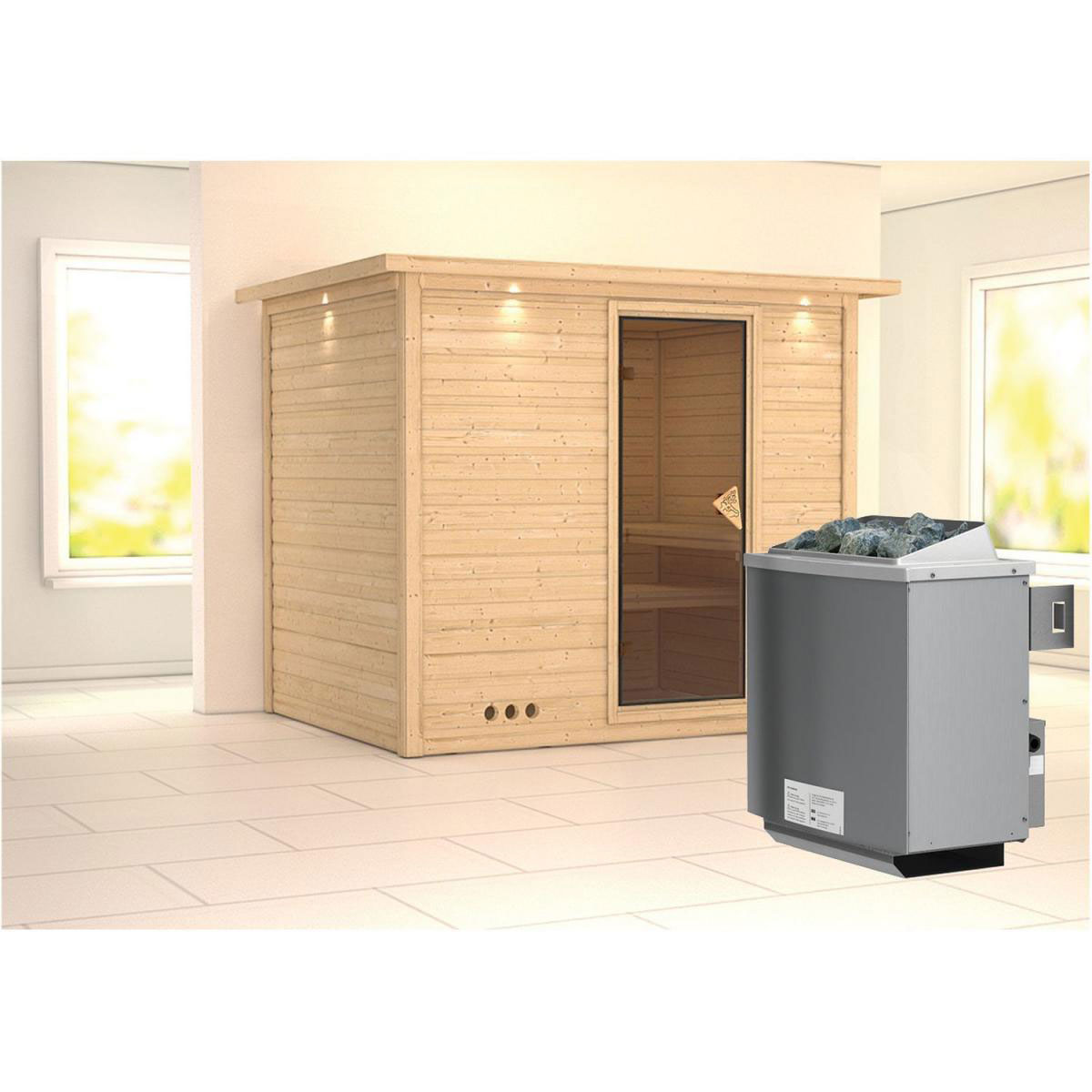 Karibu Massivholzsauna Sonara 3 40 mm 9 kW Ofen integr Strg mit Kranz