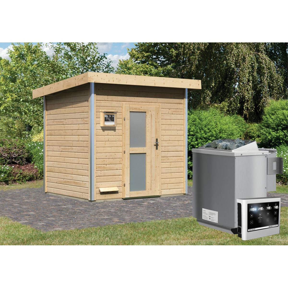 Karibu Saunahaus Norge 38 mm 9 kW Bio Ofen externe Strg Milchglastür Bild 6