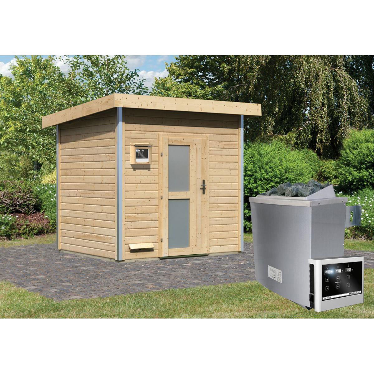 Karibu Saunahaus Norge 38 mm 9 kW Ofen externe Strg Milchglastür Bild 6