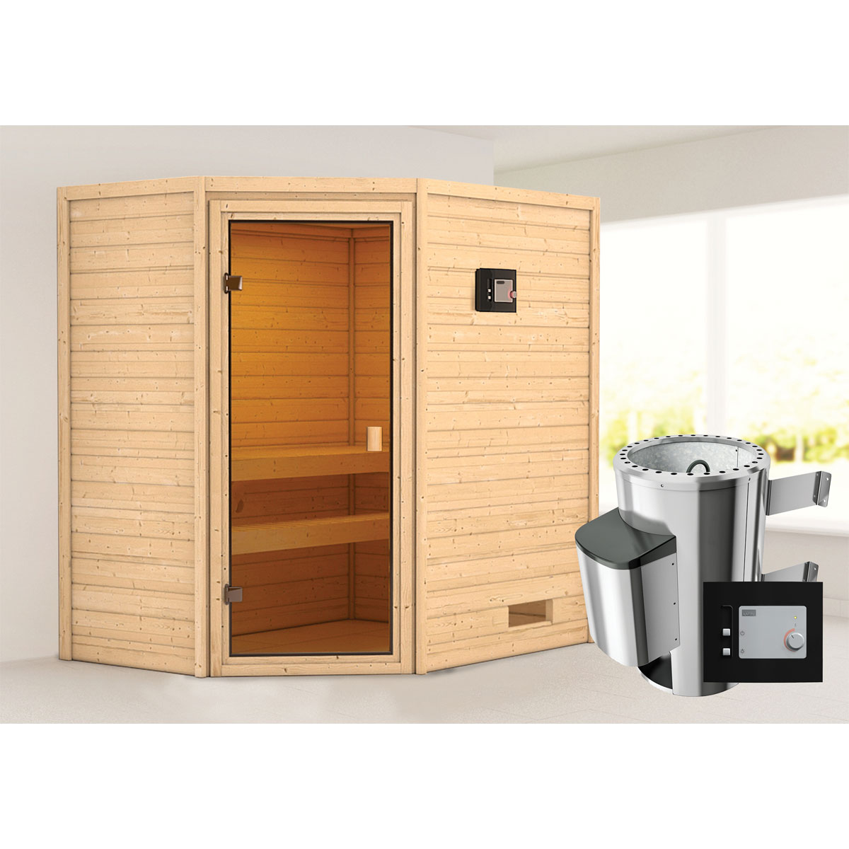 Karibu Sauna Jella 3,6 kW naturbelassen externe Steuerung ohne Dachkranz Bild 1