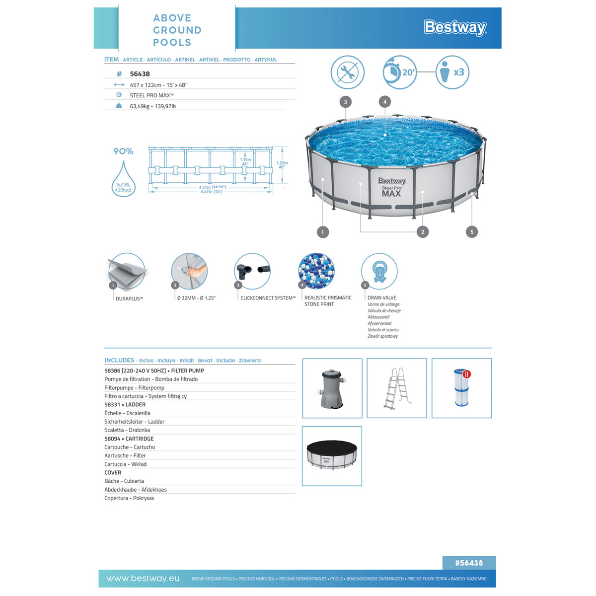 Bestway Steel Pro MAX™ Frame Pool Komplett-Set mit Filterpumpe Ø 457x122 cm, lichtgrau rund Bild 10