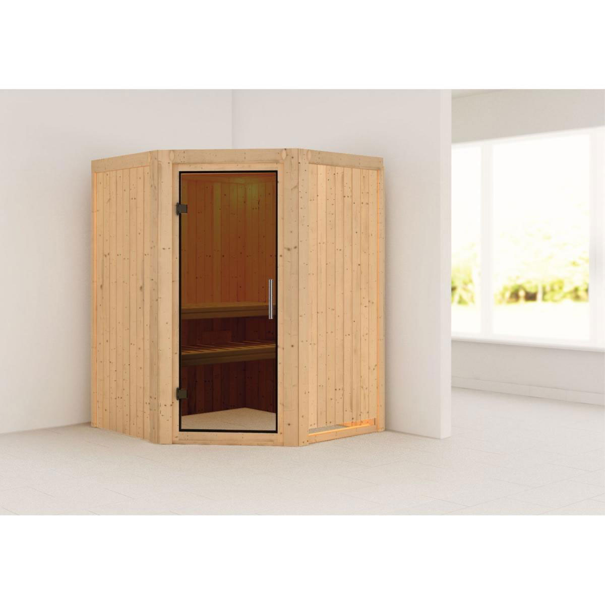 Karibu Sauna Larin Eckeinstieg ohne Ofen Tür graphit ohne Kranz Bild 1