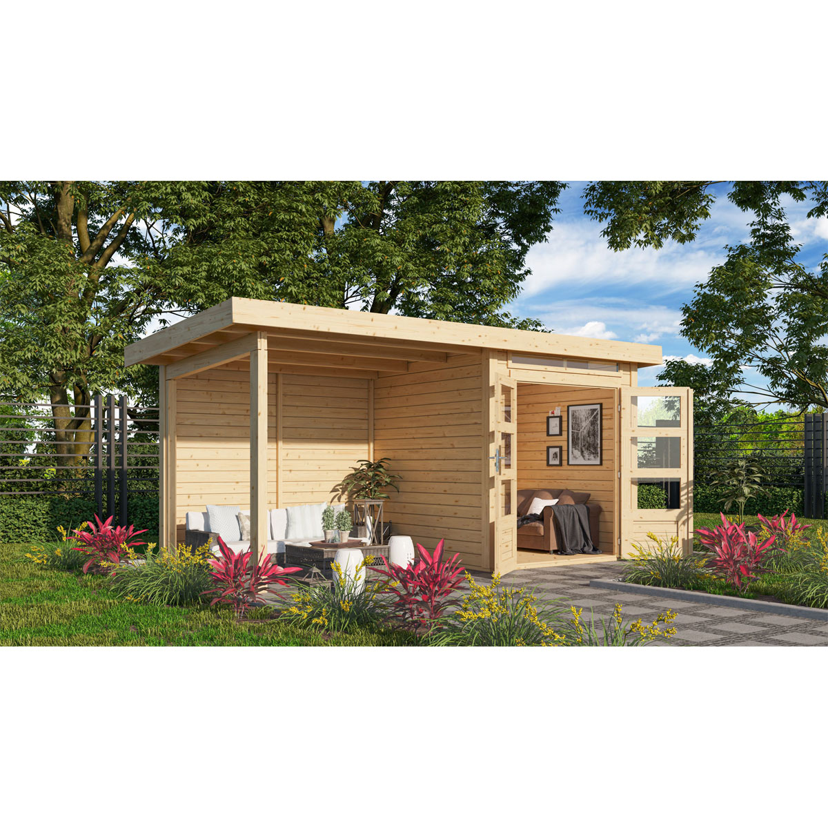 Karibu BBH Kandern 1 Set mit Anbaudach naturbelassen