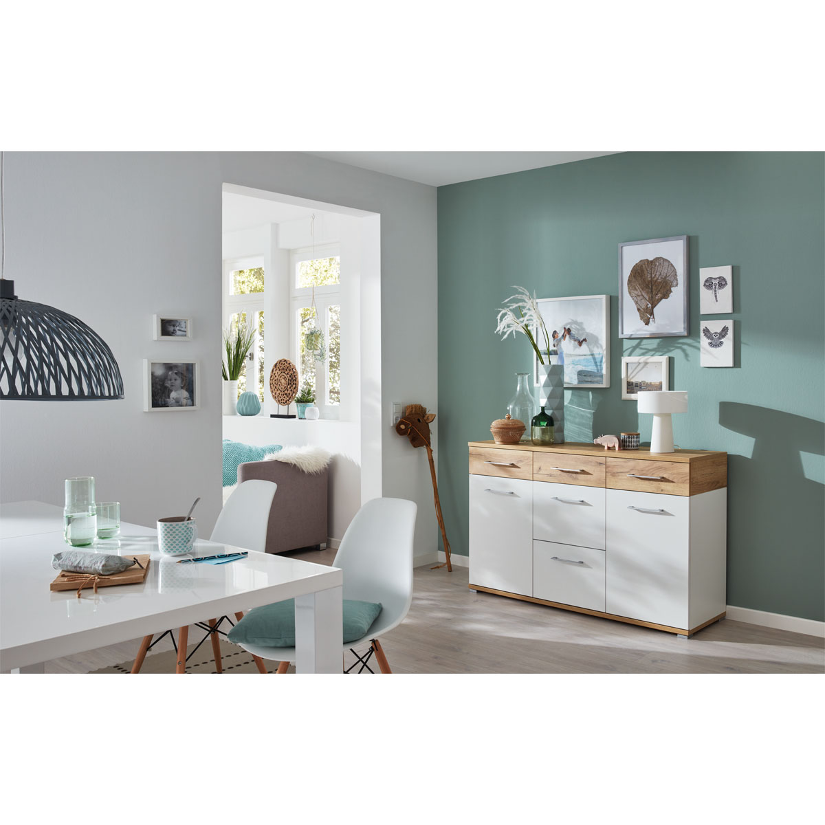 Sideboard Top mit 5 Schubkästen und 2 Türen 144 x 87 x 40 cm weiß/Navarra-Eiche-Nachbildung Bild 4