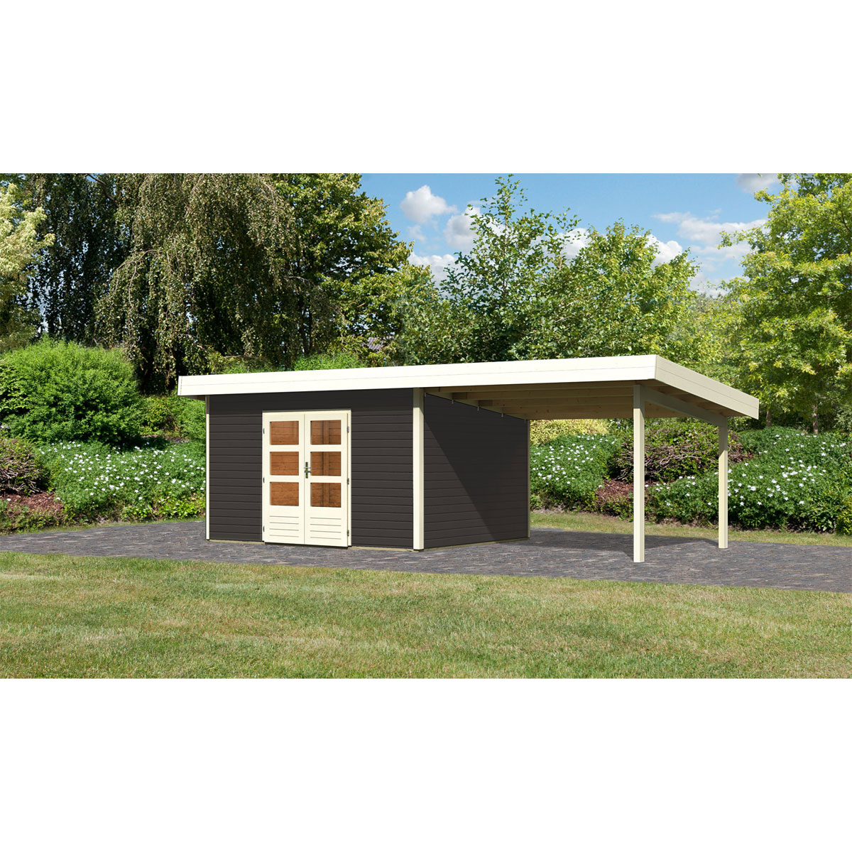 Gartenhaus Northeim 4 Set terragrau 40mmmit Anbaudach Breite 3,3 m