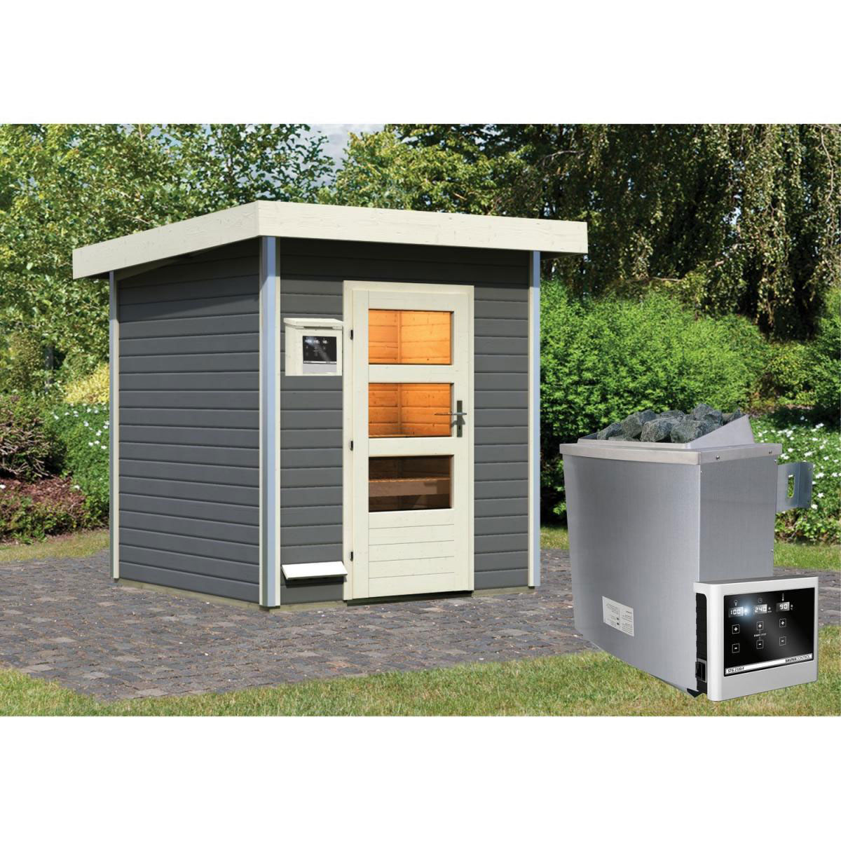 Karibu Saunahaus Torge 38 mm 9 kW Ofen externe Strg moderne Tür terragrau Bild 6