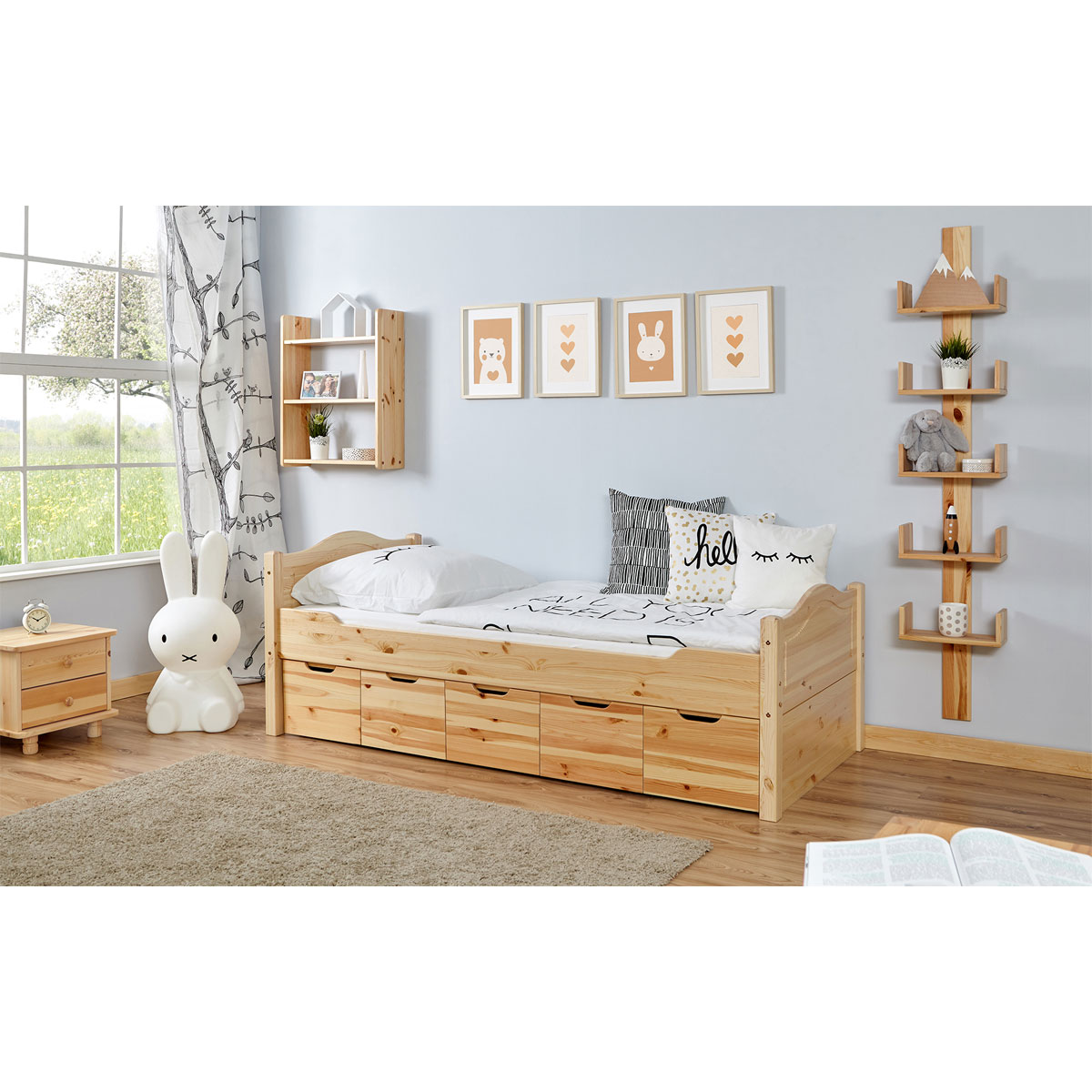 Ticaa Einzelbett Leni Kiefer mit 5er Schubkästen 90 x 200 cm