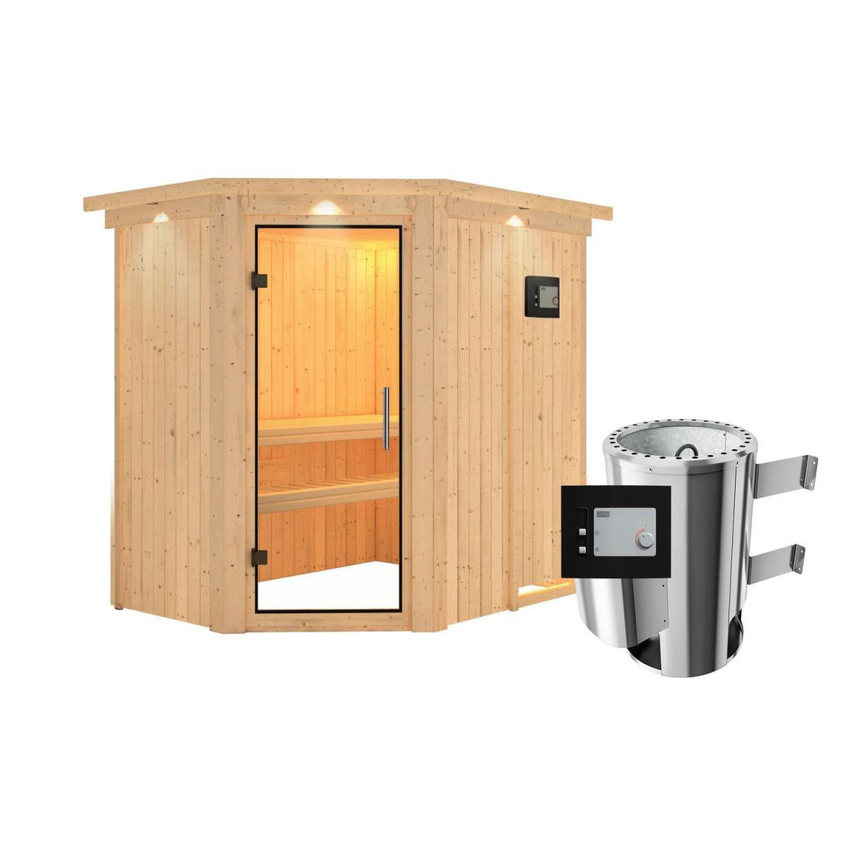 Karibu Sauna Saja Eckeinstieg 3,6 kW Ofen externe Strg modern mit Kranz Klarglas-Tür Bild 1