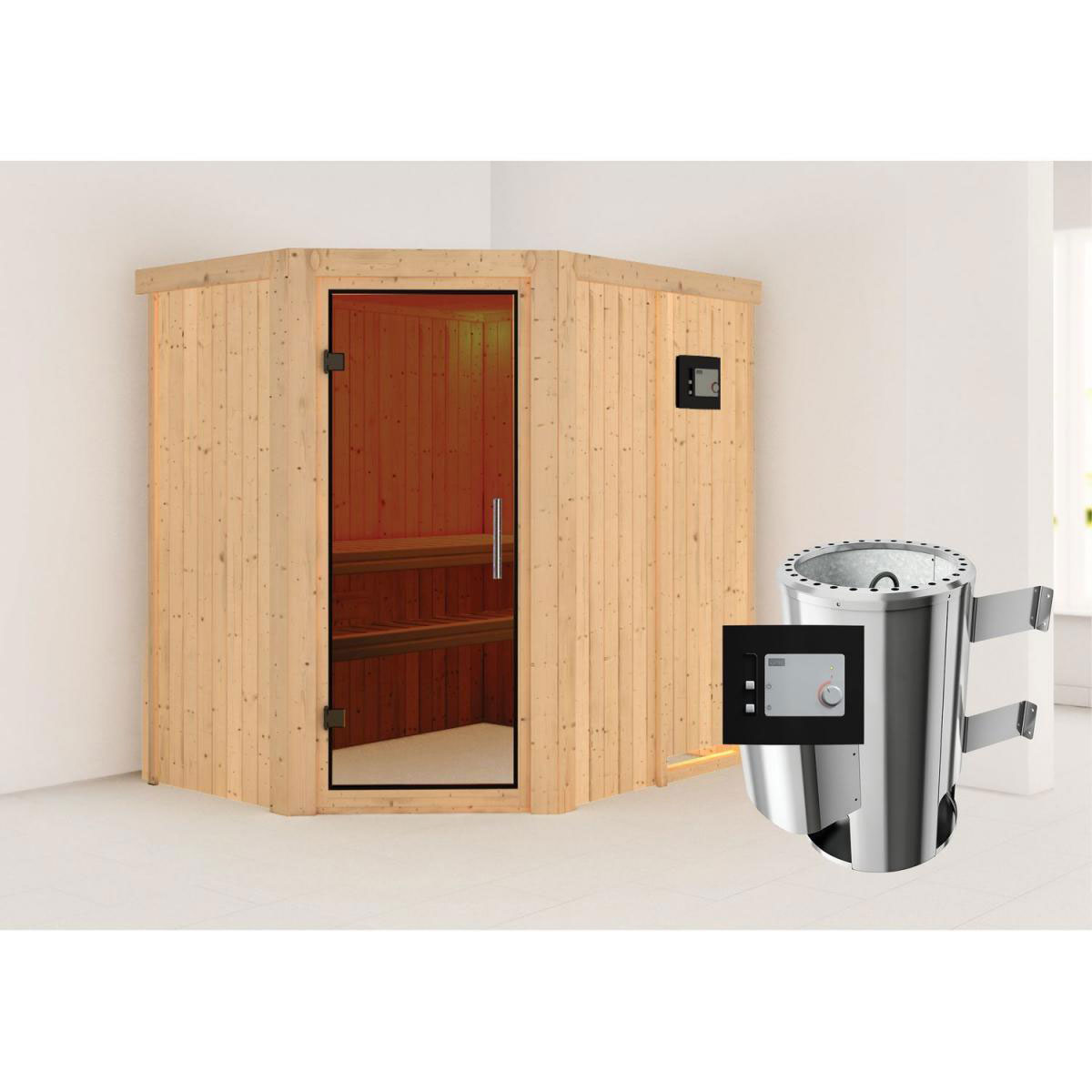 Karibu Sauna Saja Eckeinstieg 3,6 kW Ofen externe Strg modern kein Kranz Energiespartür Bild 6