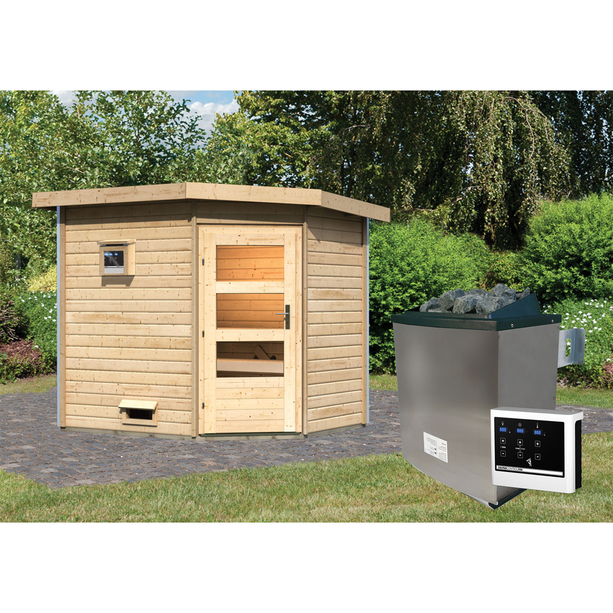 Karibu Saunahaus Mikka 38 mm 9 kW Ofen externe Strg moderne Tür Bild 2