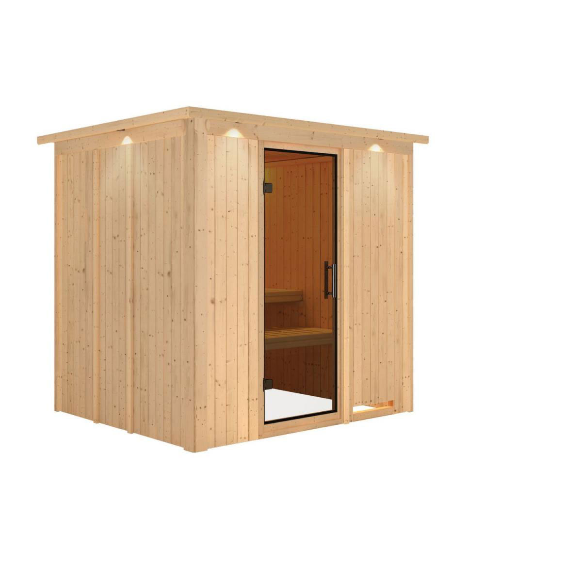 Karibu Sauna Daria Fronteinstieg ohne Ofen mit Kranz graphitfarbene Glastür Bild 1