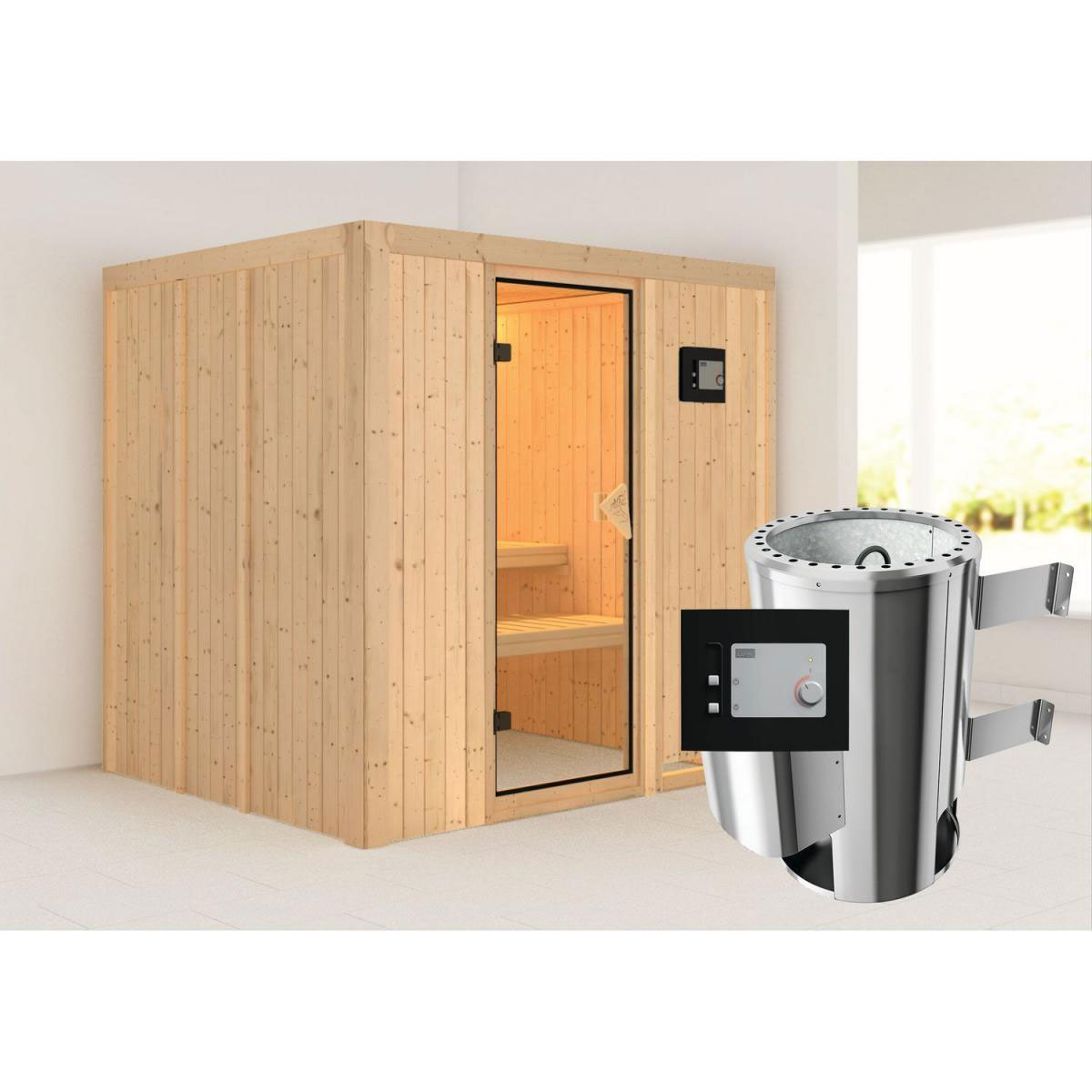 Karibu Systemsauna Daria 68 mm 3,6 kW Ofen externe Strg modern ohne Dachkranz
