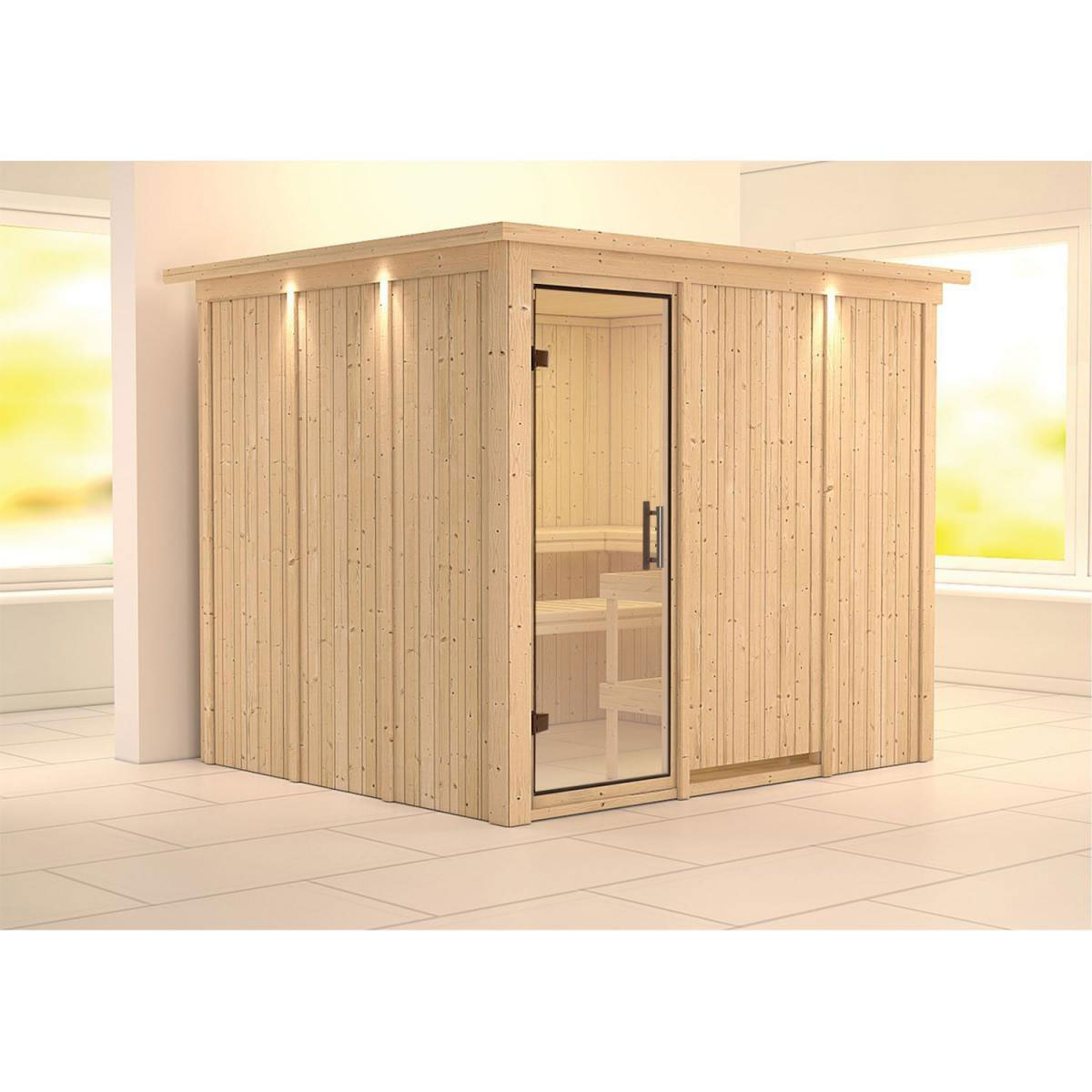 Karibu Sauna Gobin Fronteinstieg ohne Ofen mit Kranz Klarglas-Tür Bild 5