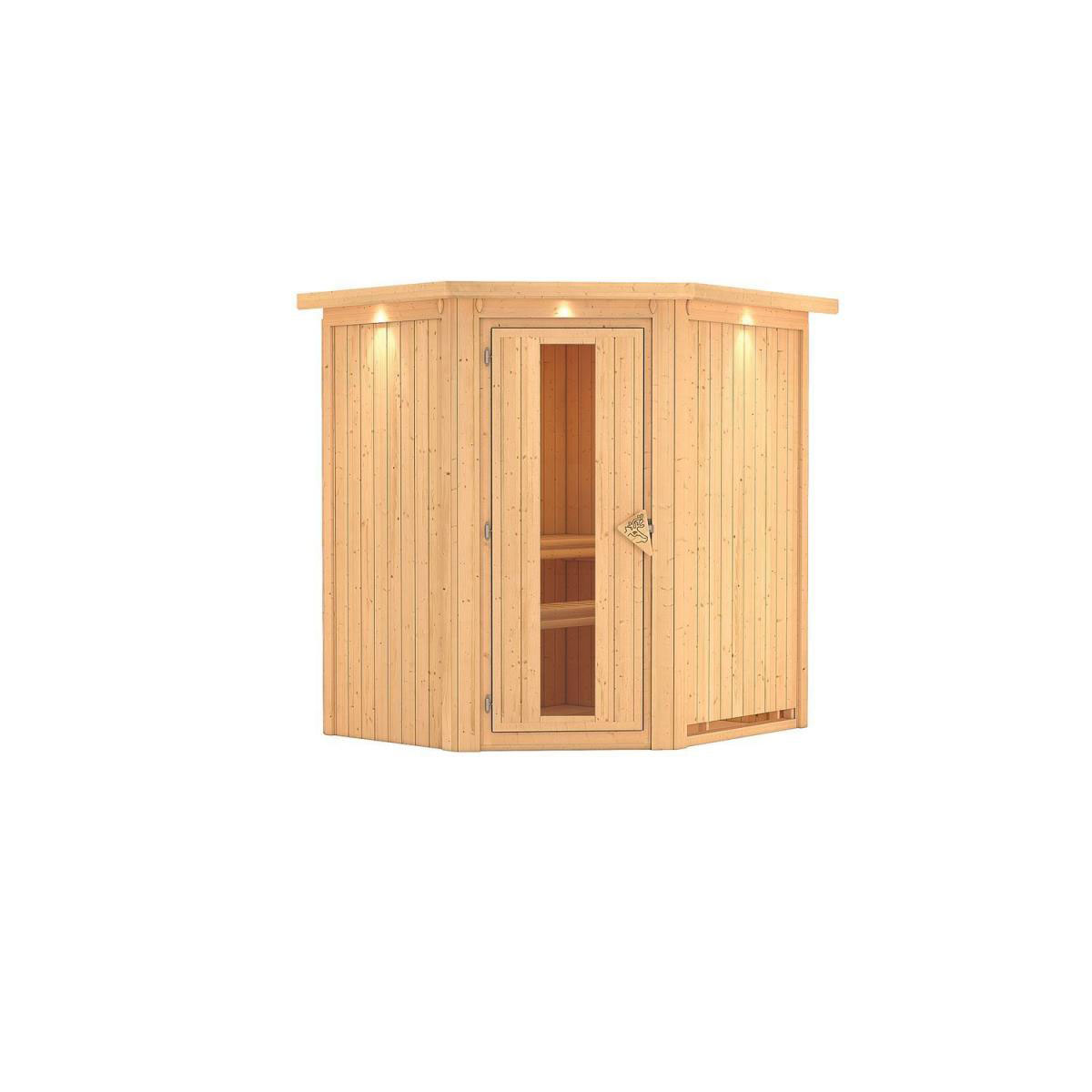 Karibu Sauna Tonja Eckeinstieg ohne Ofen mit Kranz Energiespartür Bild 1