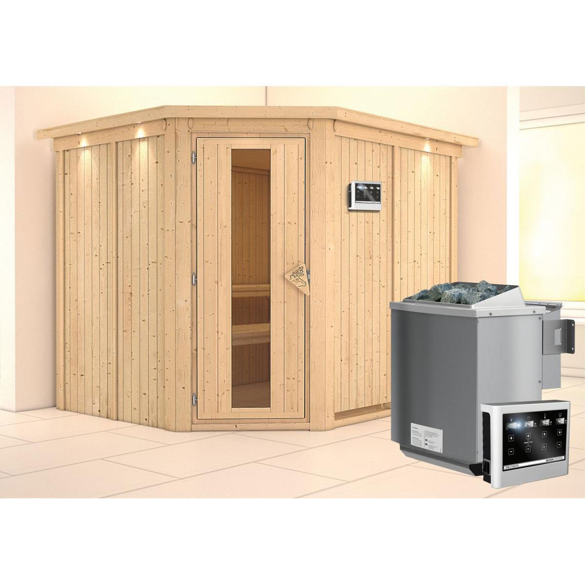 Karibu Sauna Malin Eckeinstieg 9 kW Ofen Bio externe Strg Tür gedämmt mit Kranz Bild 1