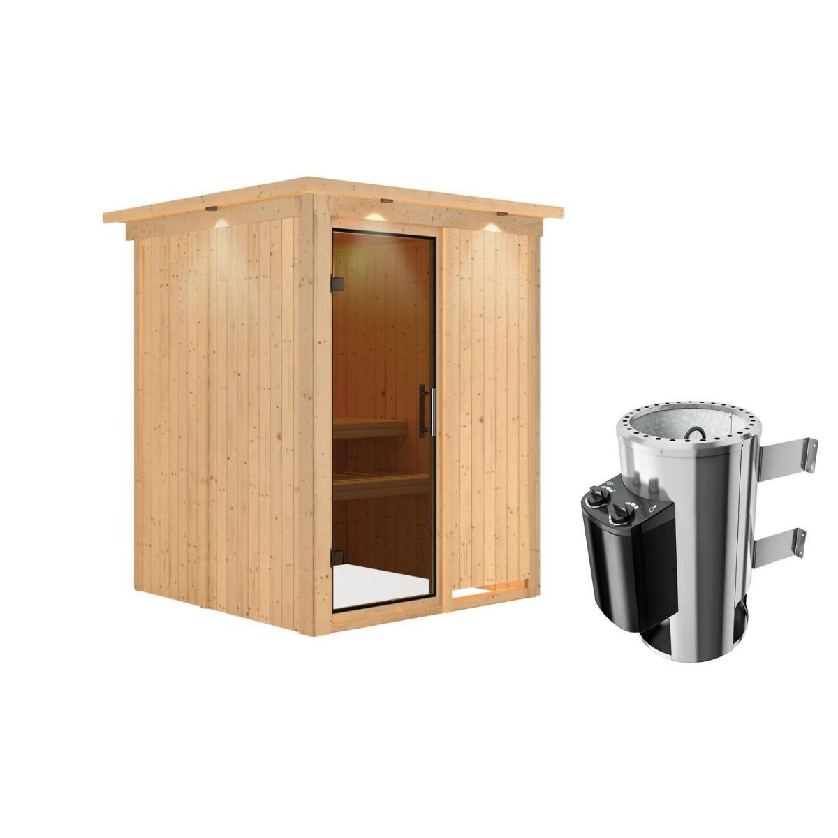 Karibu Sauna Minja Fronteinstieg 3,6 kW Ofen integr Strg mit Kranz graphitfarbene Glastür Bild 2