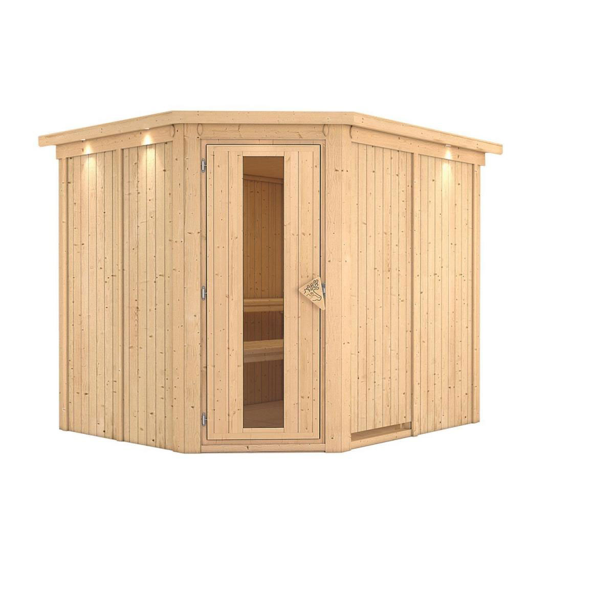 Karibu Sauna Malin Eckeinstieg ohne Ofen Tür gedämmt mit Kranz Bild 2