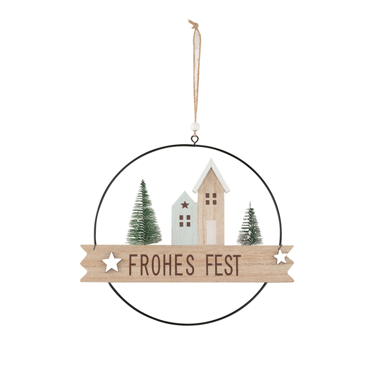 Deko-Ring zum Hängen Haus mit Baum Frohes Fest Holz 23 x 4 x 21 cm natur