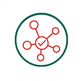 Ein rotes Netzwerk-Symbol mit Häkchen in der Mitte, umgeben von einem grünen Kreis.