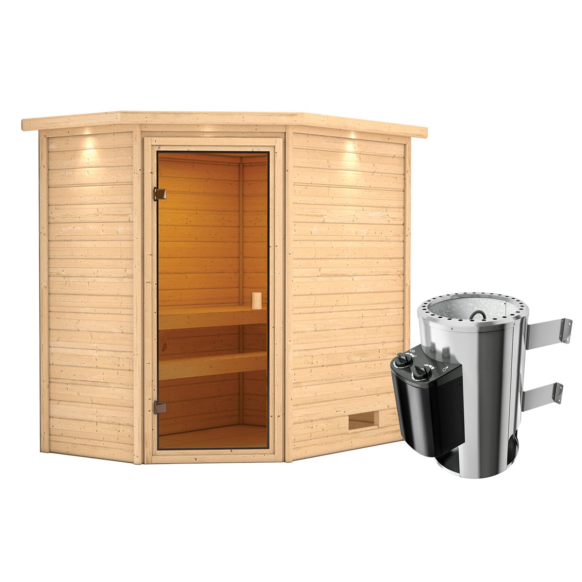 Karibu Sauna Jella 3,6 kW mit Kranz naturbelassen integrierte Steuerung Bild 2